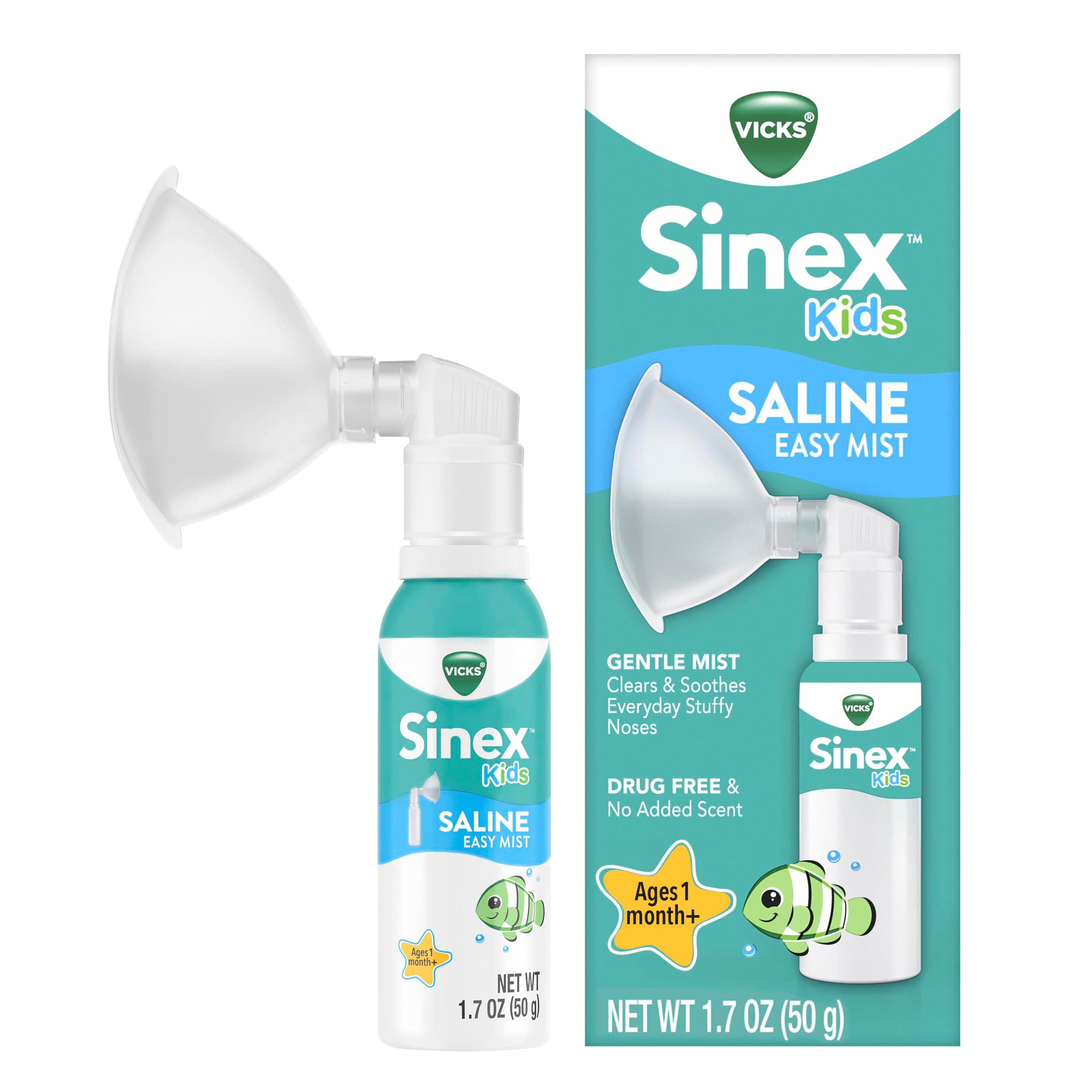 Sinex Kids Saline Easy Mist, Drug Free Saline, Ages 1 Month+, Gently Clears and Soothes Everyday Stuffy Noses, Safe for Daily Use, 1.7 OZ
