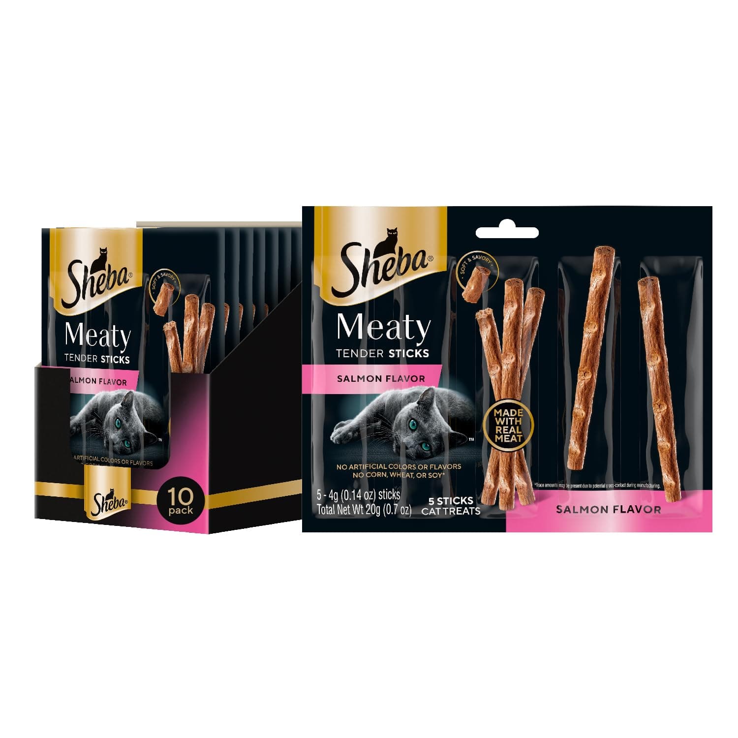 SHEBA Meaty Tender Sticks Soft Cat Treats Salmon Flavor, 0.14 oz Sticks (Pack of 10) (50 sticks total)
