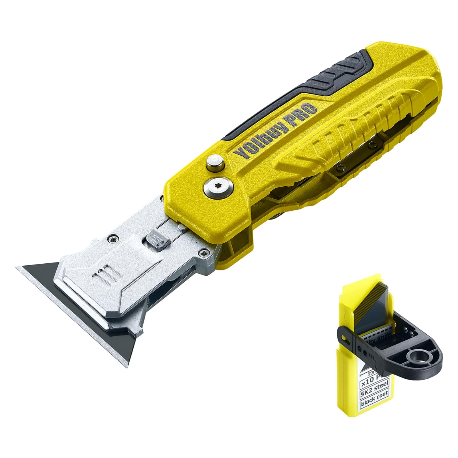 Foldable Utility Knife with Scraper Function, Holds 2 Replacement Blades, Zinc Alloy Body, SK2 Replacement Blade