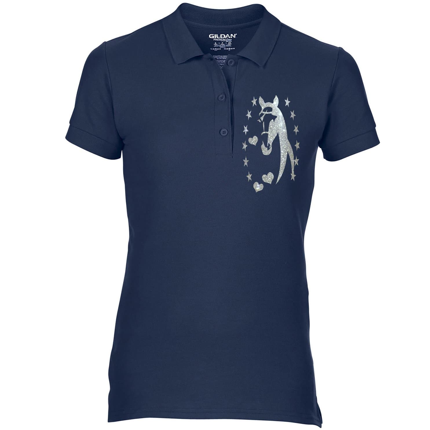 Free P&P Equestrian Equine Horse Riding Ladies Polo Shirt Horse Silhouette Head Stars & Heart Glitter Colour Variations