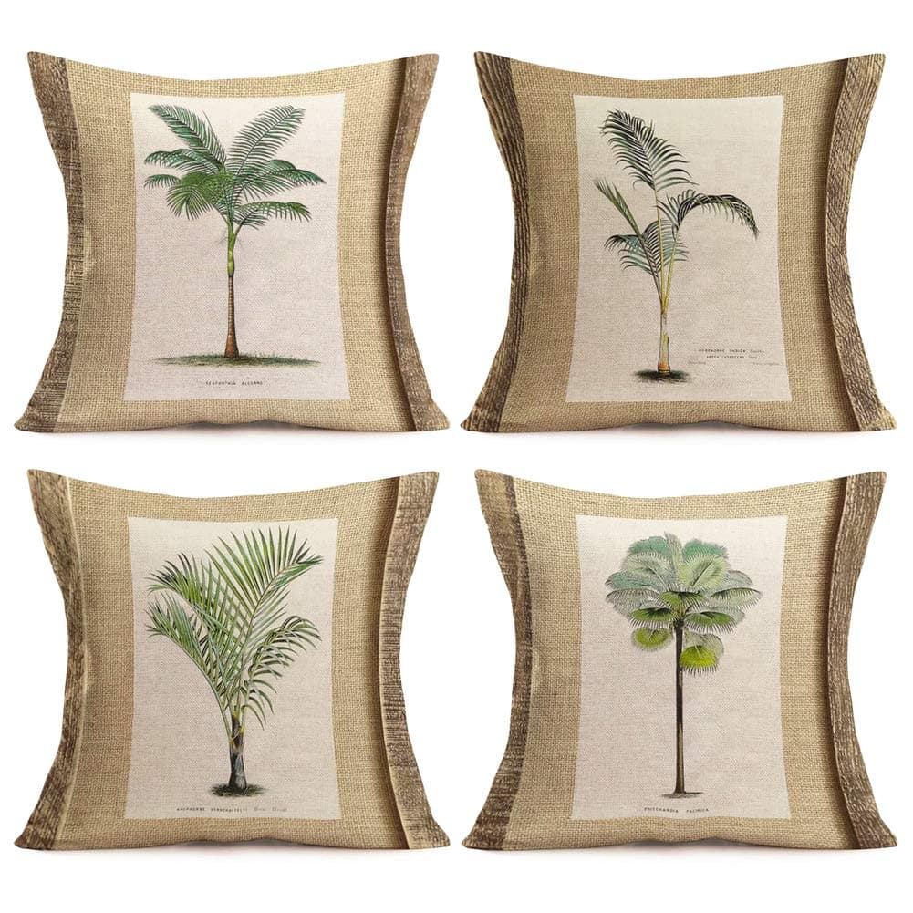 Summer Tropical Throw Pillow Covers 18’’x18’’ Set of 4 Coconut Palm Tree Green Leaf Cotton Linen Decorative Couch Cushion Cover Throw Pillow Case Home Sofa Bedding Decorative