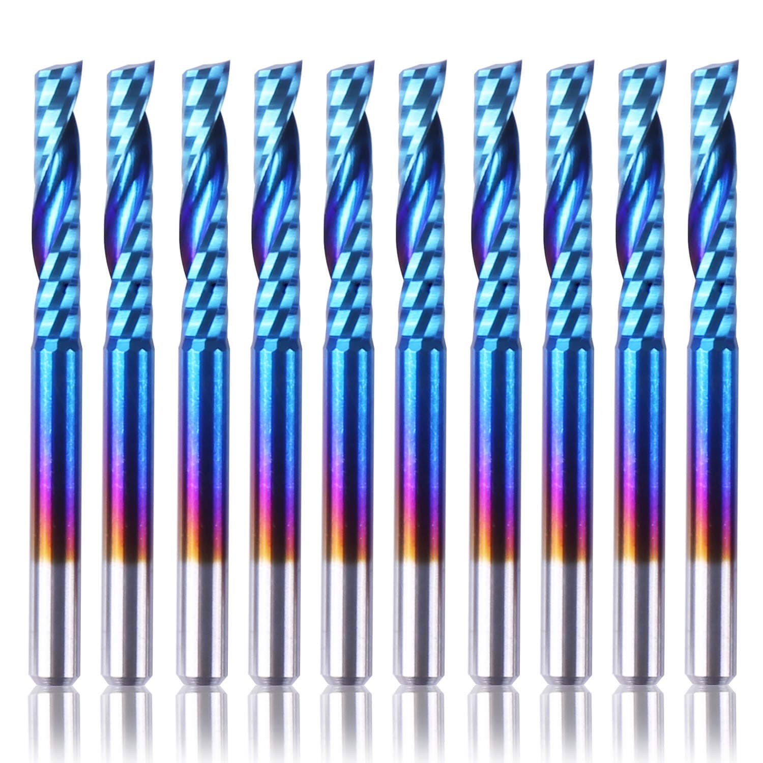 Genmitsu 10Pcs Nano Blue Coat Flat Nose End Mill CNC Router Bits, 1/8" Shank Spiral Upcut Single 1 Flute End Mill Set (3.175 x 17 x 38mm)