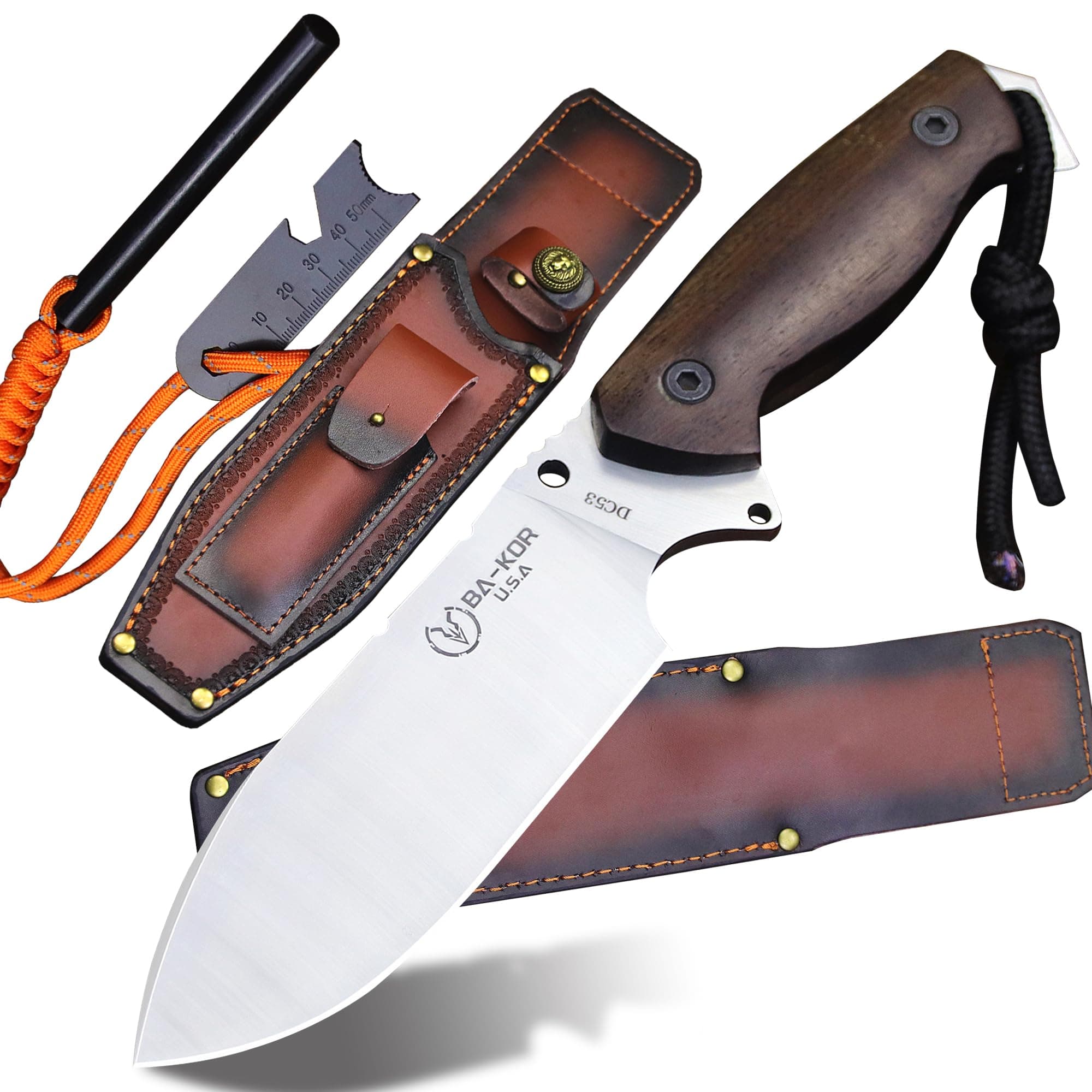 BA-KOR U.S.A 11 "DC53 Steel Hunting Knife & Sheath +4" Flint Fire Starter, Acidwood handle Jungle Survival Knife, Camping EDC tool knife