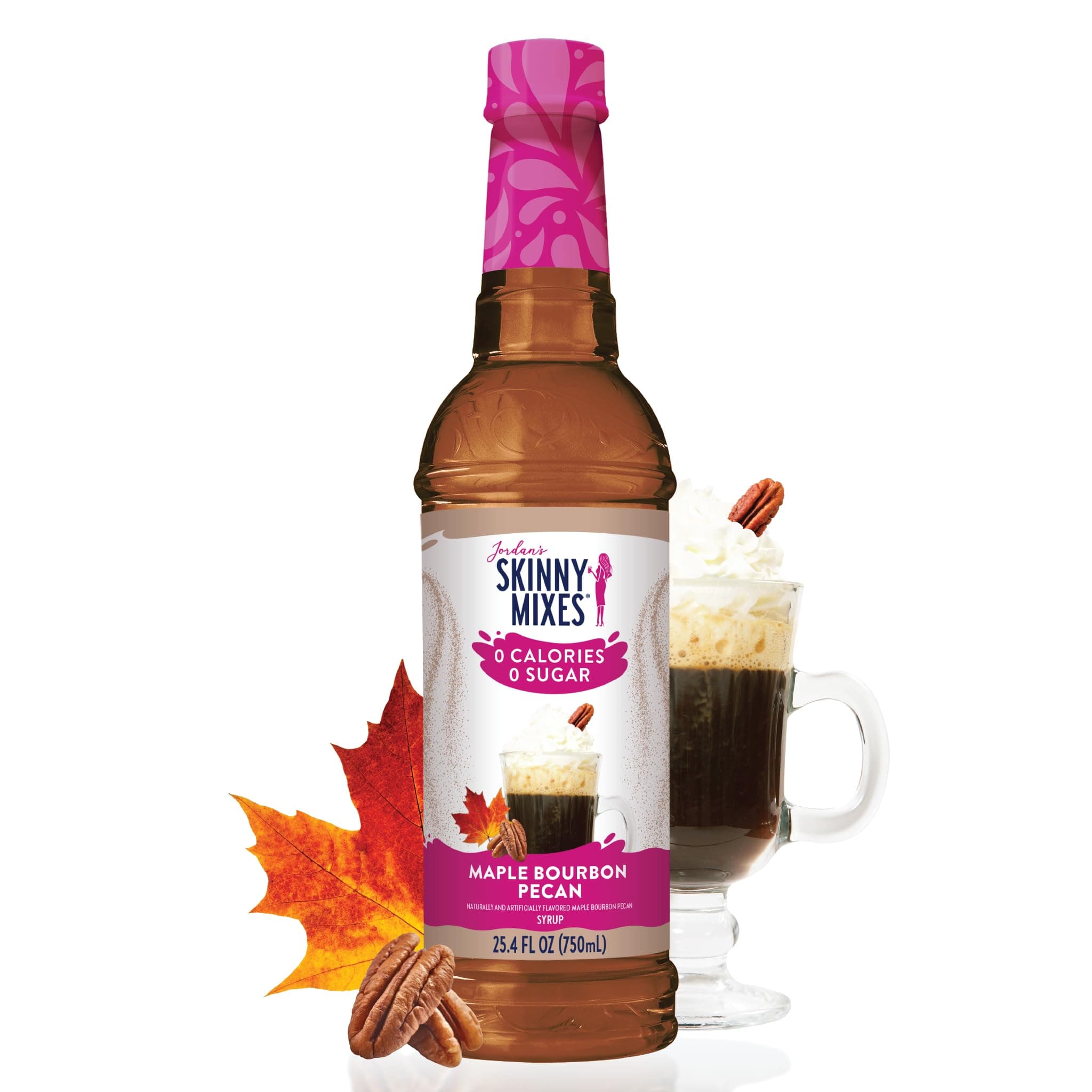 Jordan's Skinny Mixes Sugar Free Coffee Syrup, Holiday Maple Bourbon Pecan Coffee Flavoring Syrup, Zero Calorie Drink Mix for Lattes, Baking, Protein Shake, Dairy & Gluten Free, Kosher, 25.4 Fl Oz