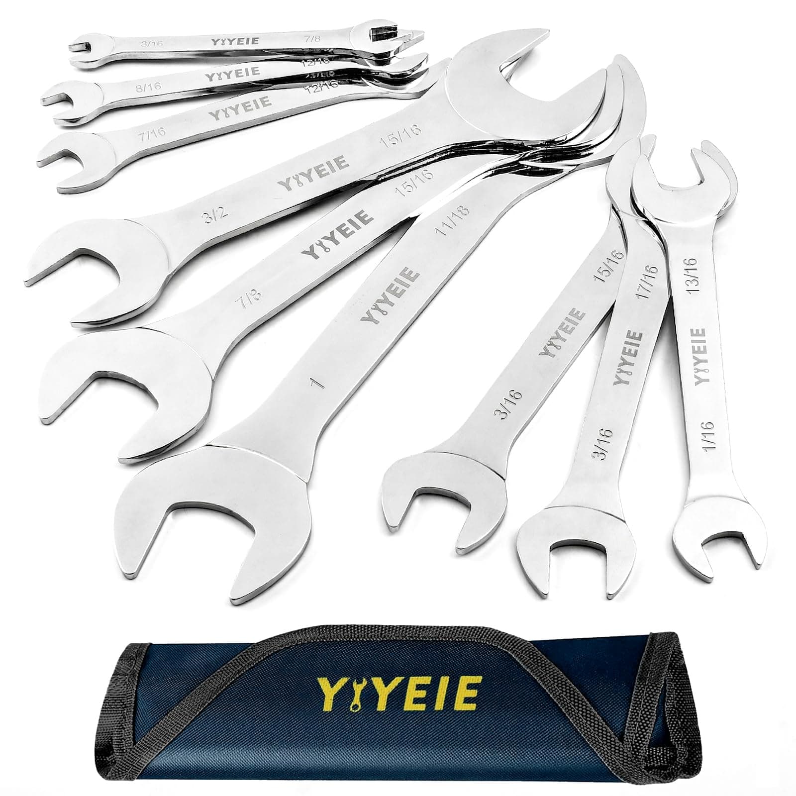 Super-Thin Open End Wrench Set, 9-Piece SAE, 1/4" to 1-1/16", Chrome Vanadium Steel With Mirror Polish, Ultra-Slim Wrench Set with Rolling Pouch