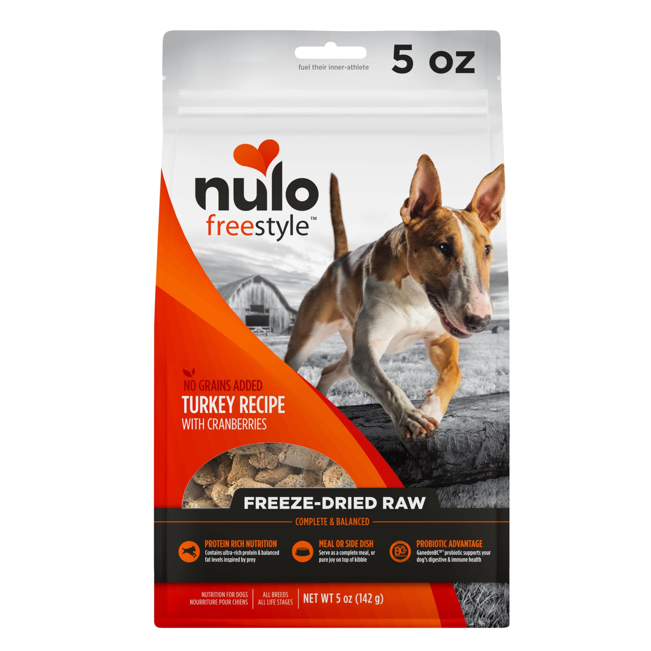 NuloFreeze Dried Raw Dog Food For All Ages & Breeds: Natural Grain Free Formula With Ganedenbc30 Probiotics For Digestive & Immune Health - Turkey Recipe With Cranberries - 5 Oz Bag