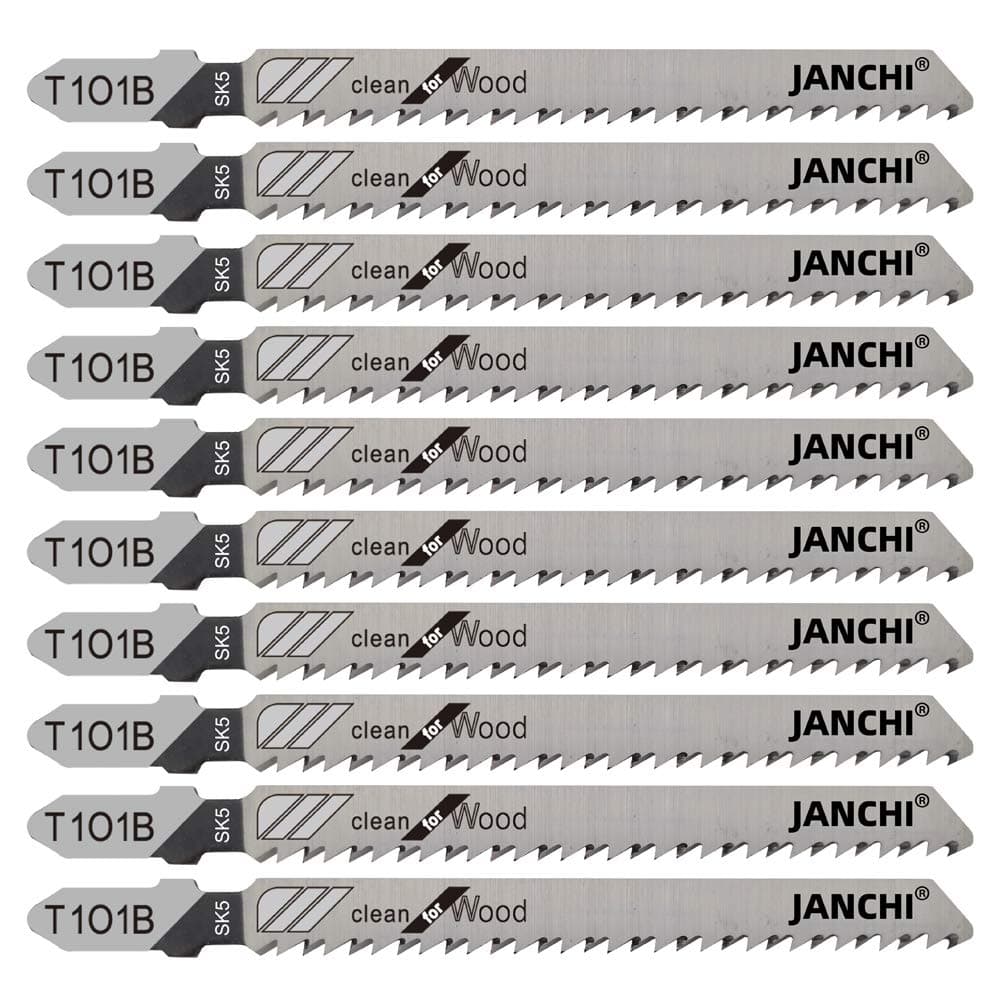 Janchi 50Pack T101B T-Shank Contractor Jig saw Blades - 4 Inch 10 TPI Jigsaw Blades Set- Made for High Speed Carbon Steel, Clean and Precise Straight Cutting Wood Boards PVC Plastic