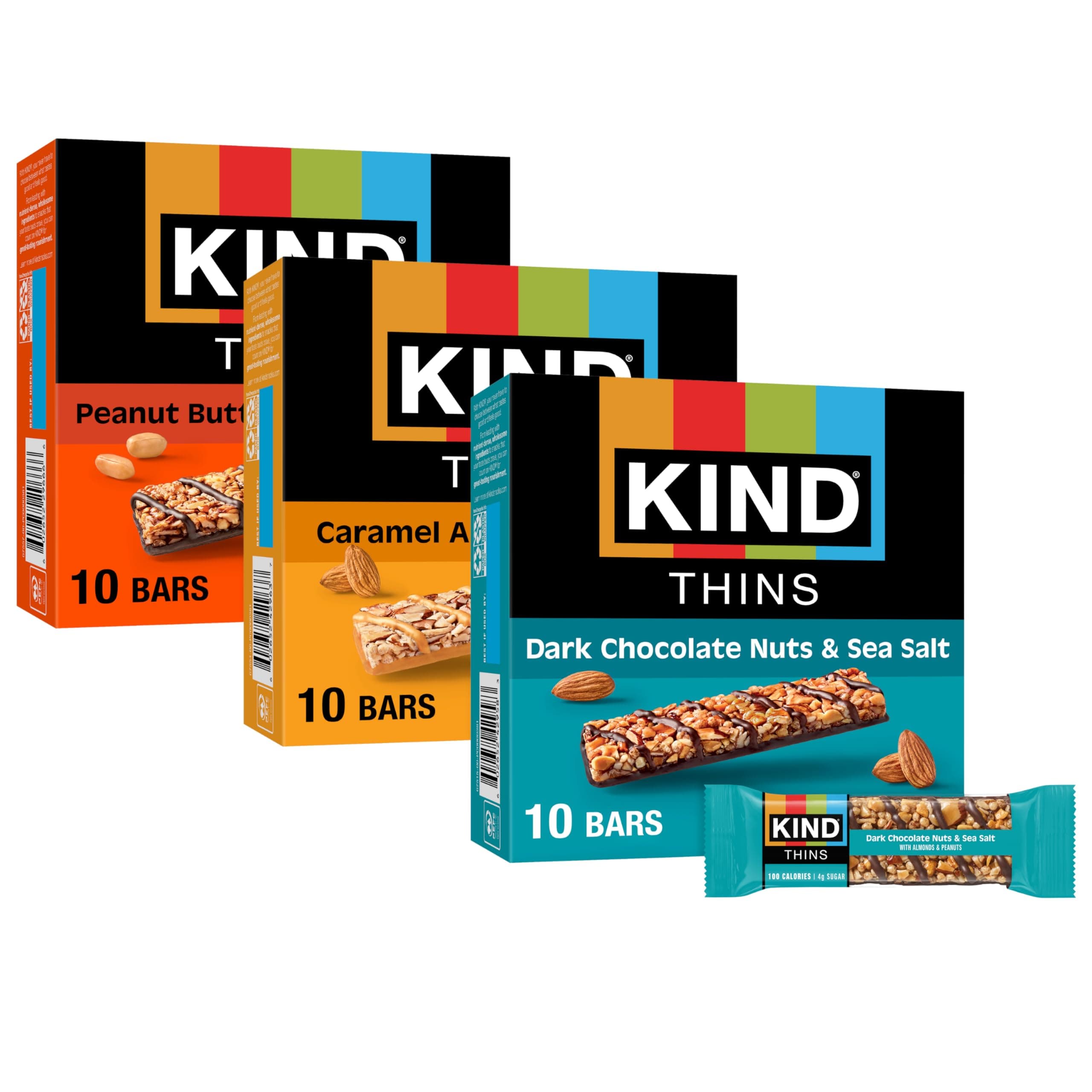 KIND Thin Bars, Variety Pack, Gluten Free, 100 Calorie, 30 Count, Contains Peanuts