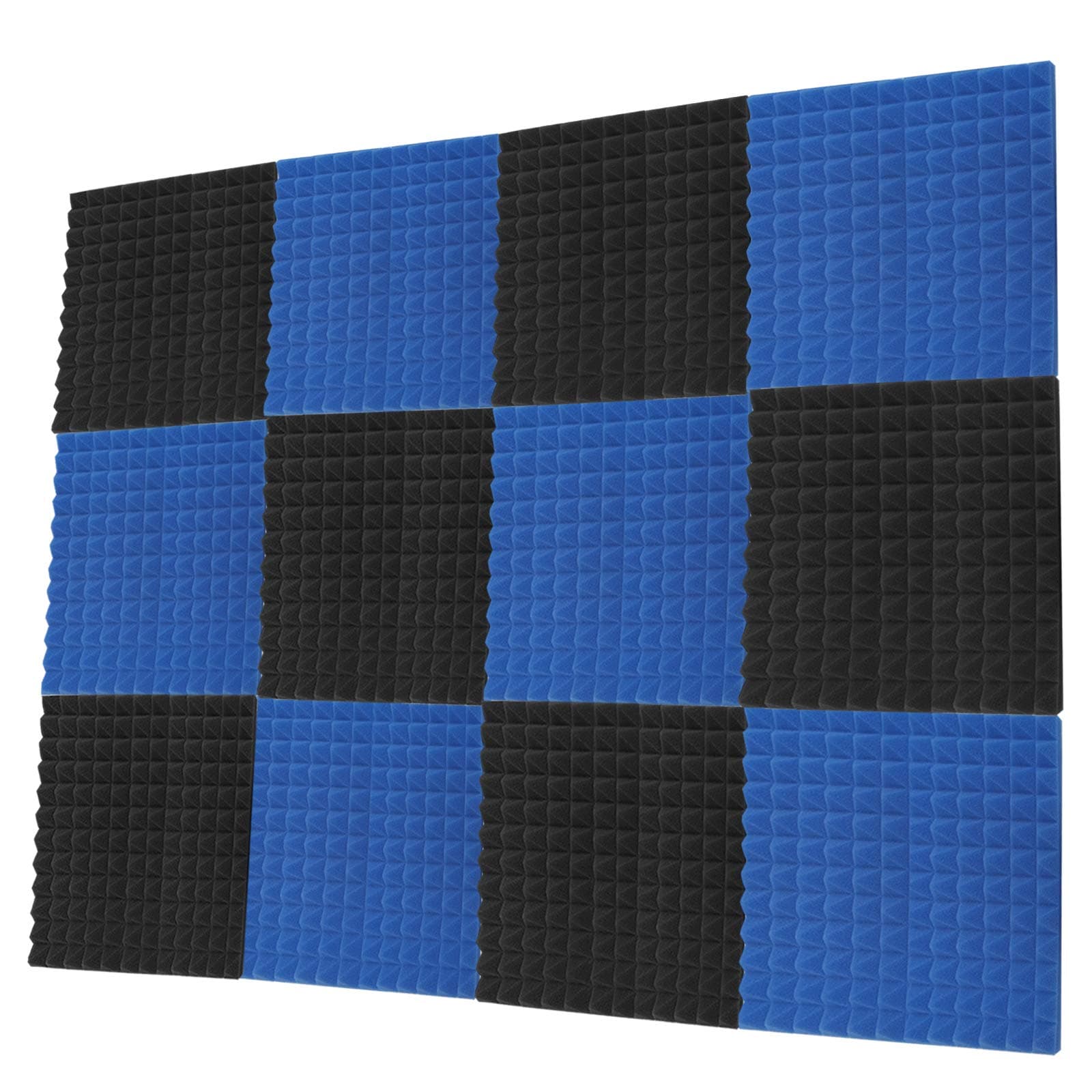 Teraves Acoustic Foam Panels Pyramid Soundproofing Studio Foam Wedges Padding Wall Tiles 2" X 12" X 12" (48 Pack, Charcoal/Blue)