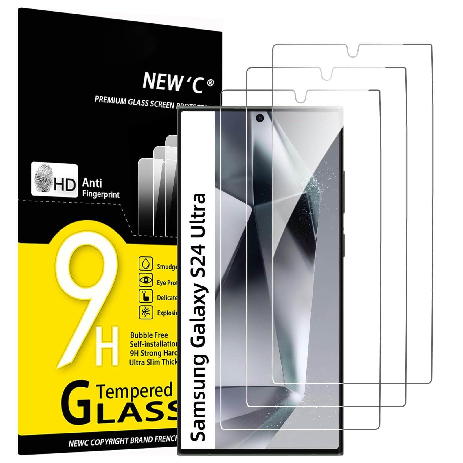 NEW'C Tempered Glass Screen Protector for Samsung S24 Ultra, 3 Pack, 9H Hardness, HD Clarity, 0.33 mm Ultra Clear, Anti-Fingerprint