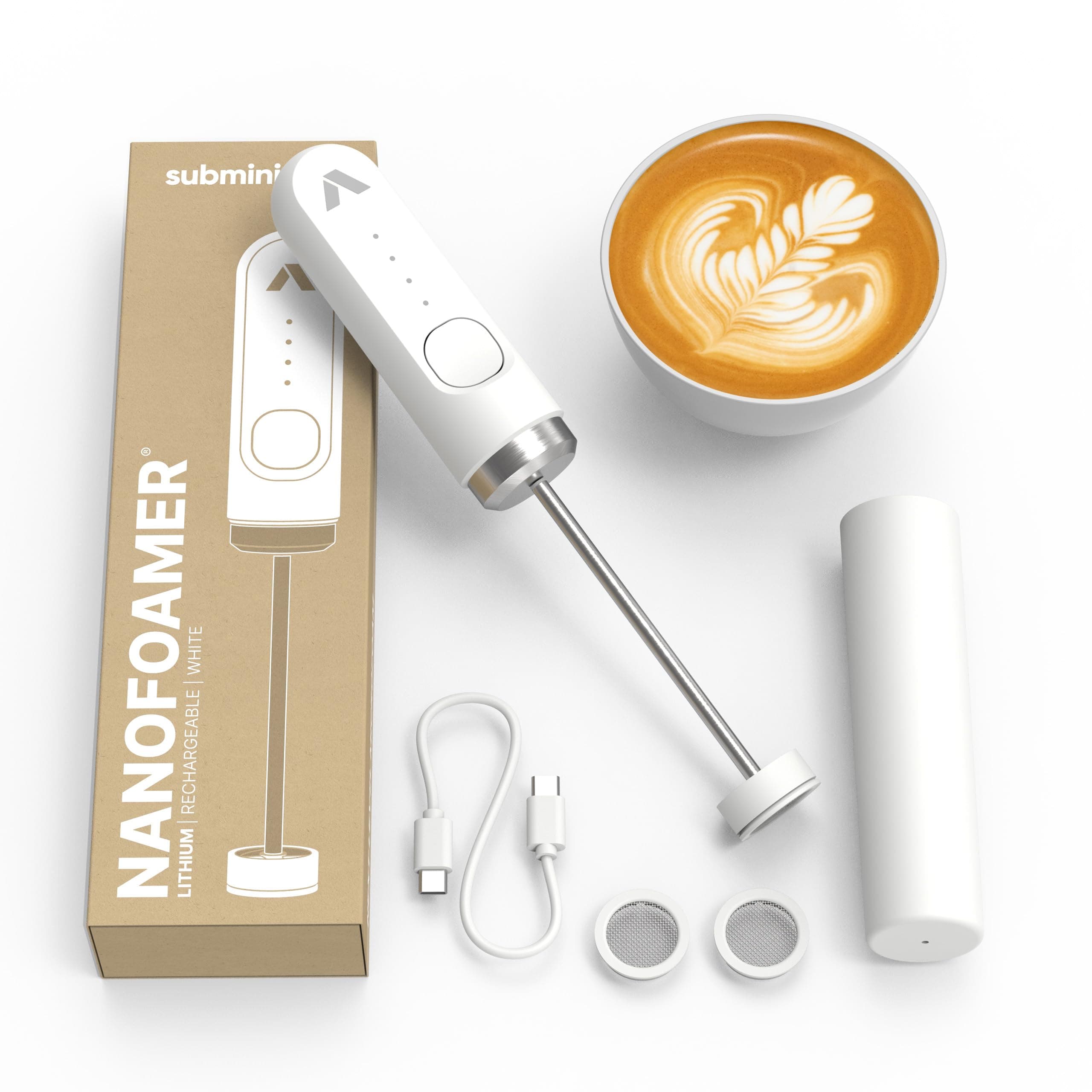 Performance Milk Foamer - NanoFoamer Lithium Handheld Frother - Rechargeable, Dual-Speed - Microfoamed Milk in 30sec, Barista-Style Coffee Drinks at Home - White Special Edition