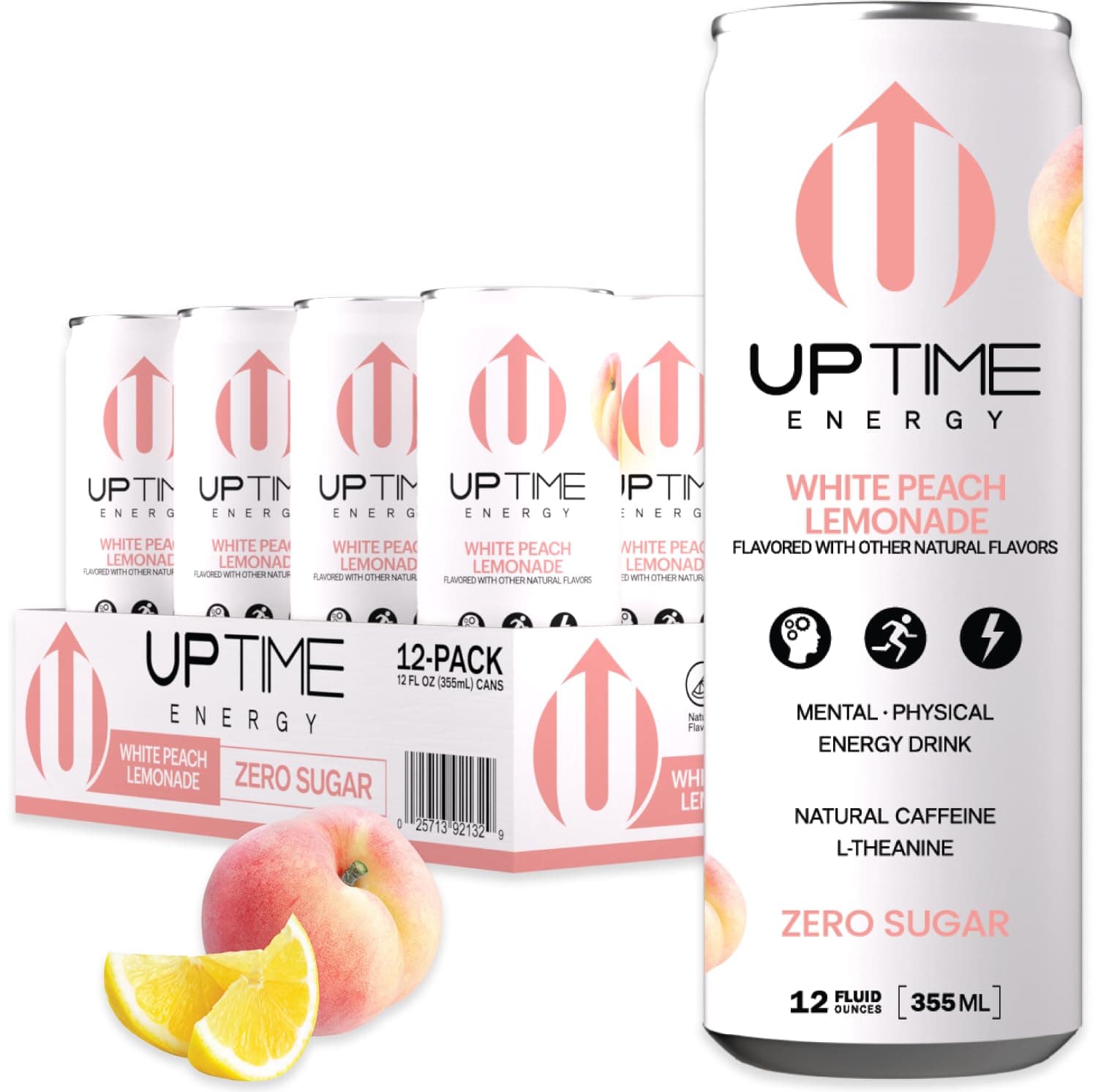 UPTIME Energy Drink, White Peach Lemonade Sparkling, 12 Pack, Vitamin C, L Theanine, Calcium, Sugar Free Energy Drinks for Focus Support, 142mg of Natural Caffeine, 5 Calories, Clean, 12 fl oz Cans