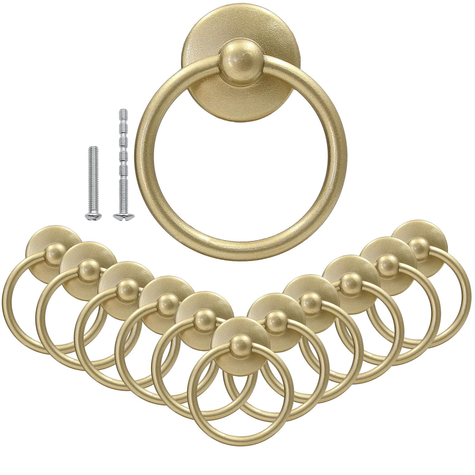 12Pcs Round Ring Drawer Pulls Matte Gold Ring Handle Knobs for Cabinet Drawer Dresser Cupboard Wardrobe, Single Hole