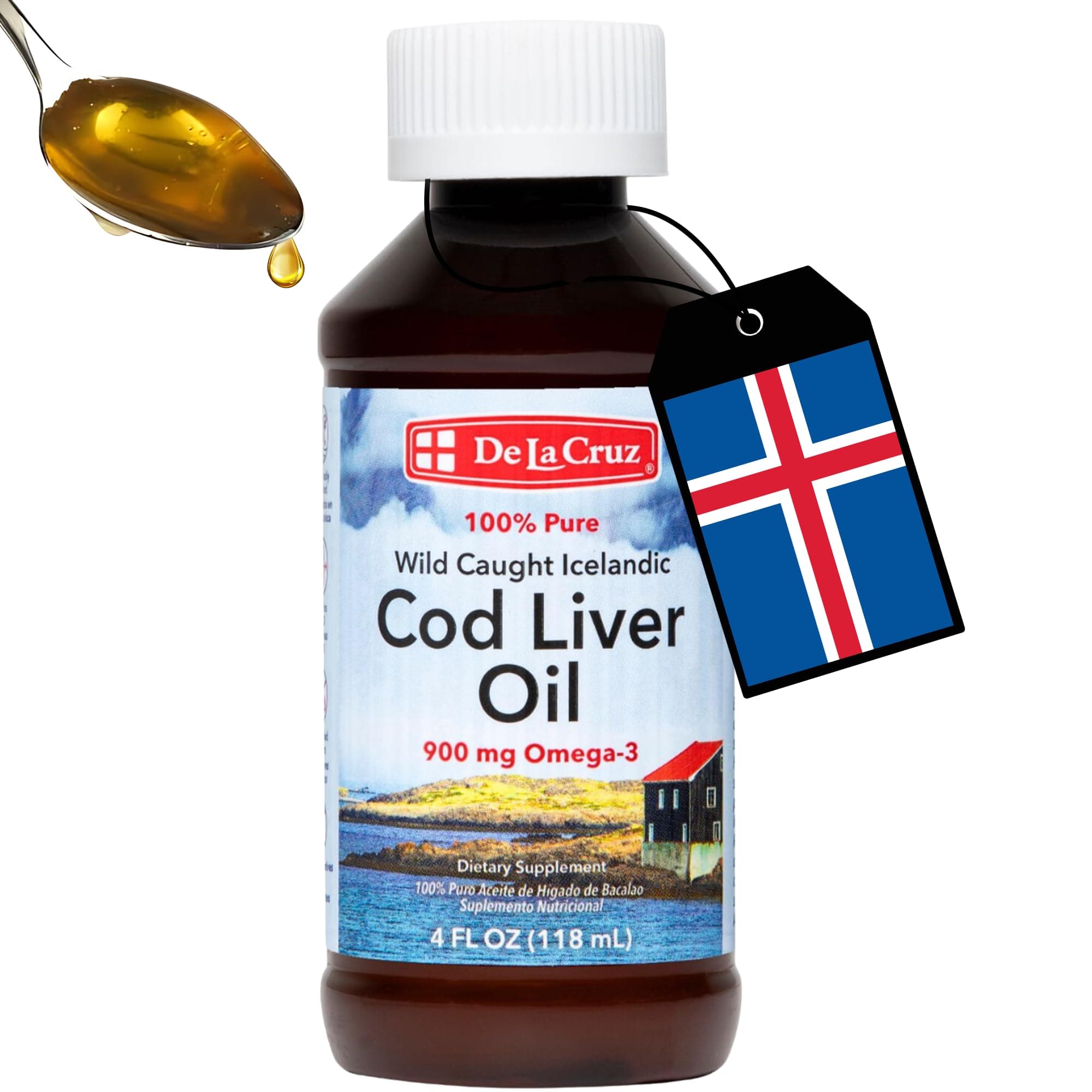 De La Cruz Cod Liver Oil Liquid - Pure Wild-Caught Icelandic Fish Oil 4 FL OZ (118 ml)