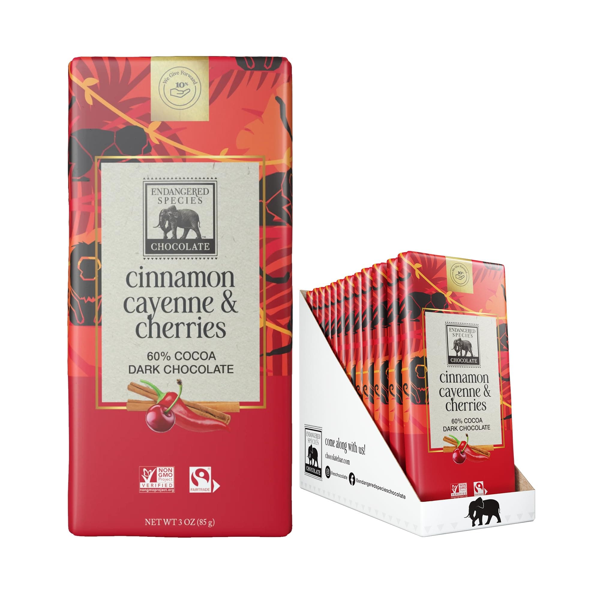 - Endangered Species Natural Dark Chocolate Bar with Cinnamon Cayenne and Cherries, 3 Ounce - 12 per case.