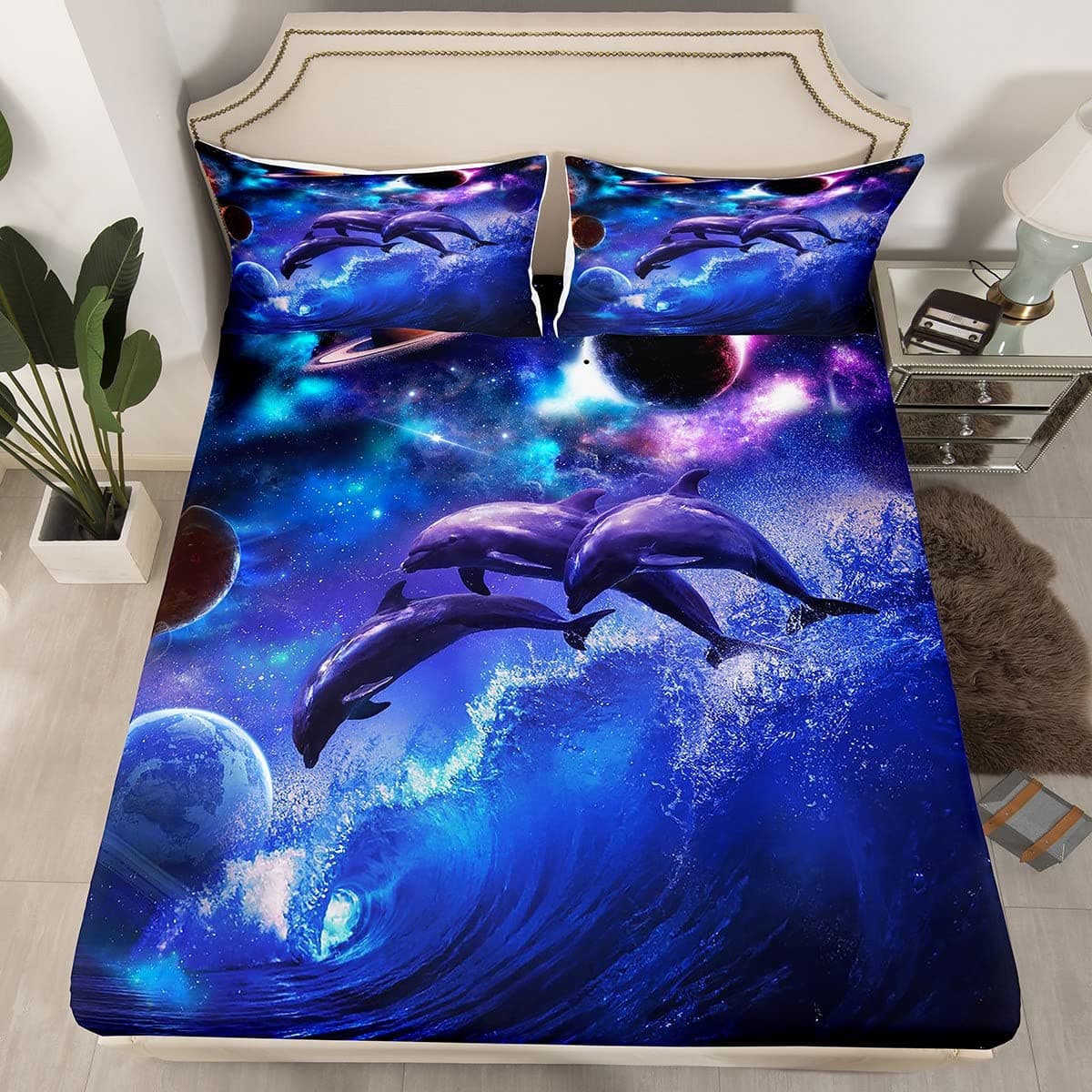 Manfei Dolphin Fitted Sheet Twin Starry Sky Sea Water Bedding Set 2pcs for Kids Teens Room Decor,Planet Galaxy Bed Cover Sea Blue Microfiber Soft Bed Sheet Set with 1 PillowcaseOEKO-TEX STANDARD 100