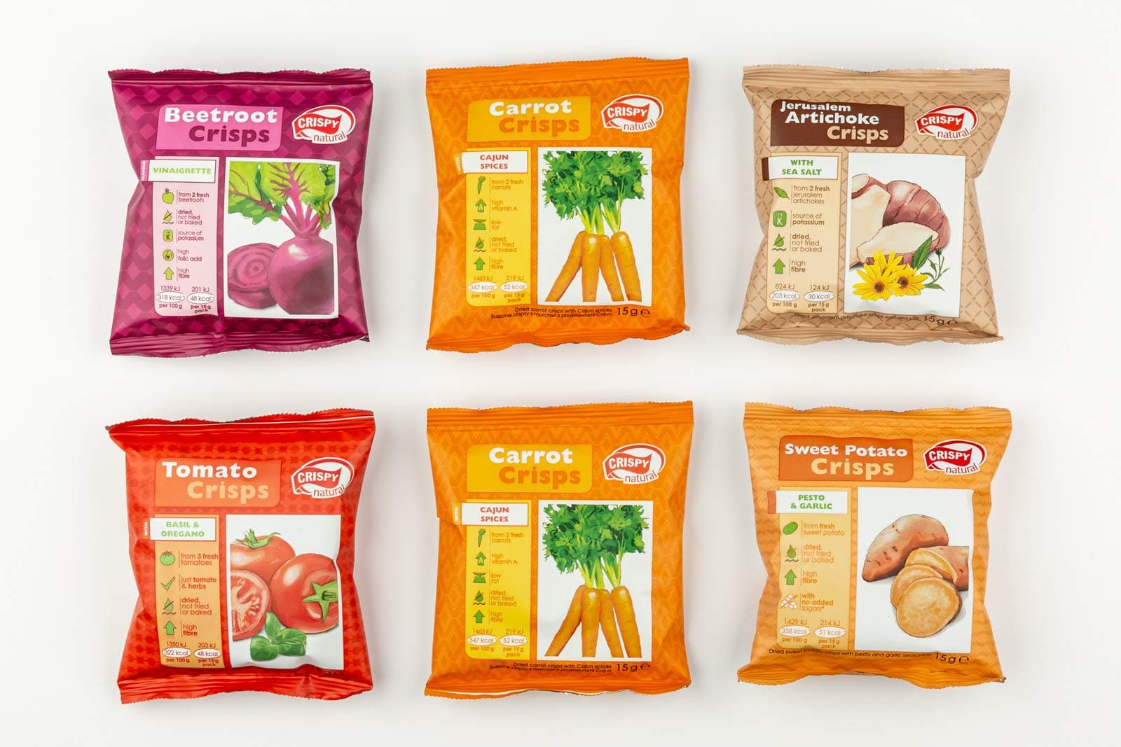 Mix of dried vegetable crisps: tomatoes, Jerusalem artichokes, 2x carrots, beetroots, sweet potatoes (6x15g)