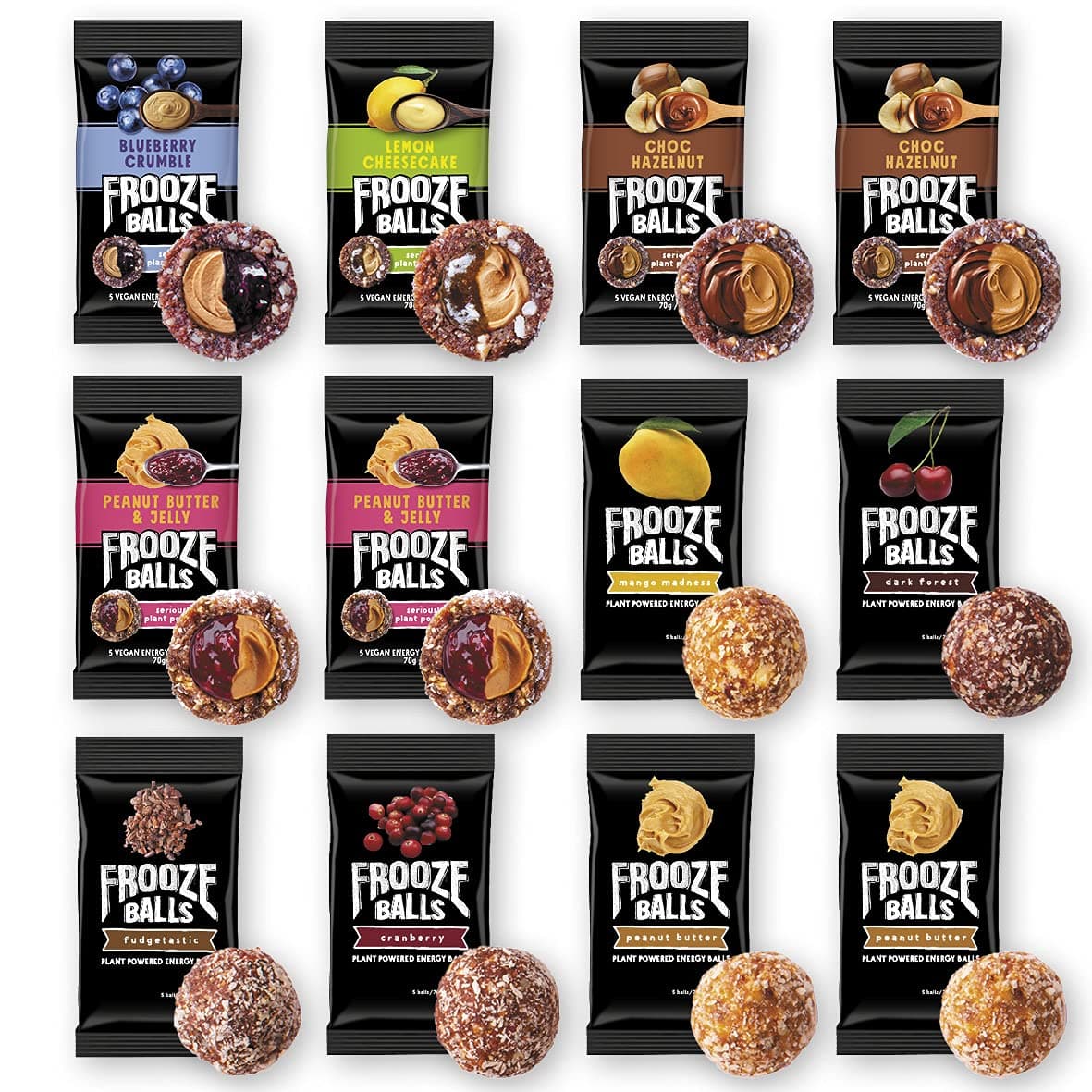 Frooze Balls Mega Value 12 Variety Pack | Classic Vegan Snack Energy Balls PLUS Double Filled Energy Balls