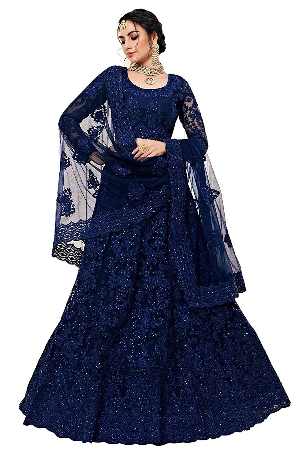 Women's Net Embroidered Semi-Stitched Lehenga Choli