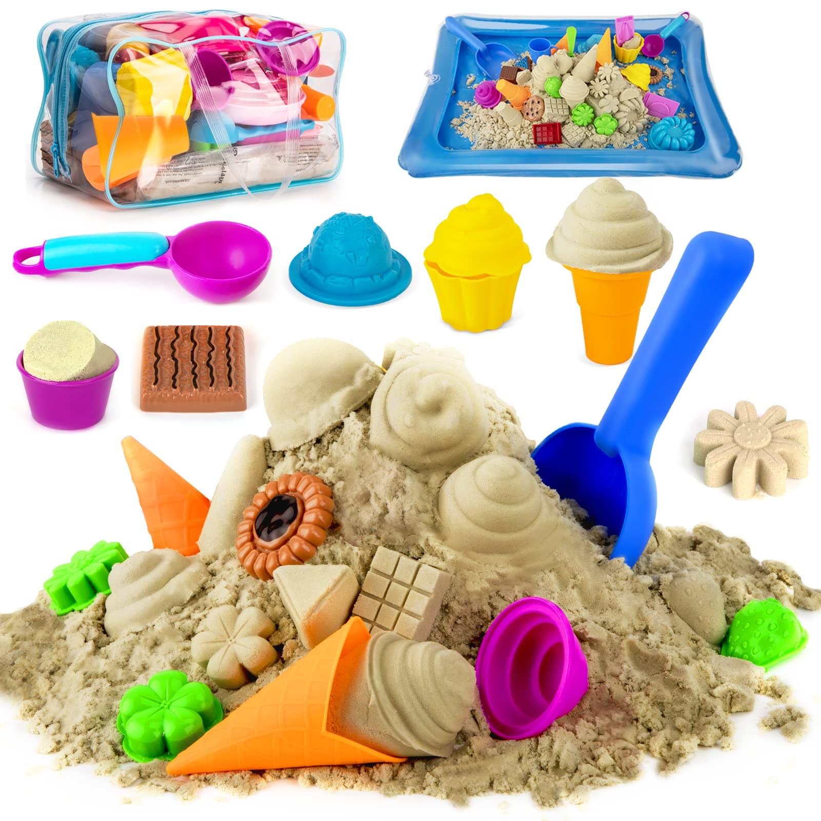 Play Sand Ice Cream Kit, 3lbs Magic Sand, Food Molds Tools, Kitchen Toys, Tray and Storage Bag, 44PCS Sandbox Toys Set for Toddlers Kids Boys Grils