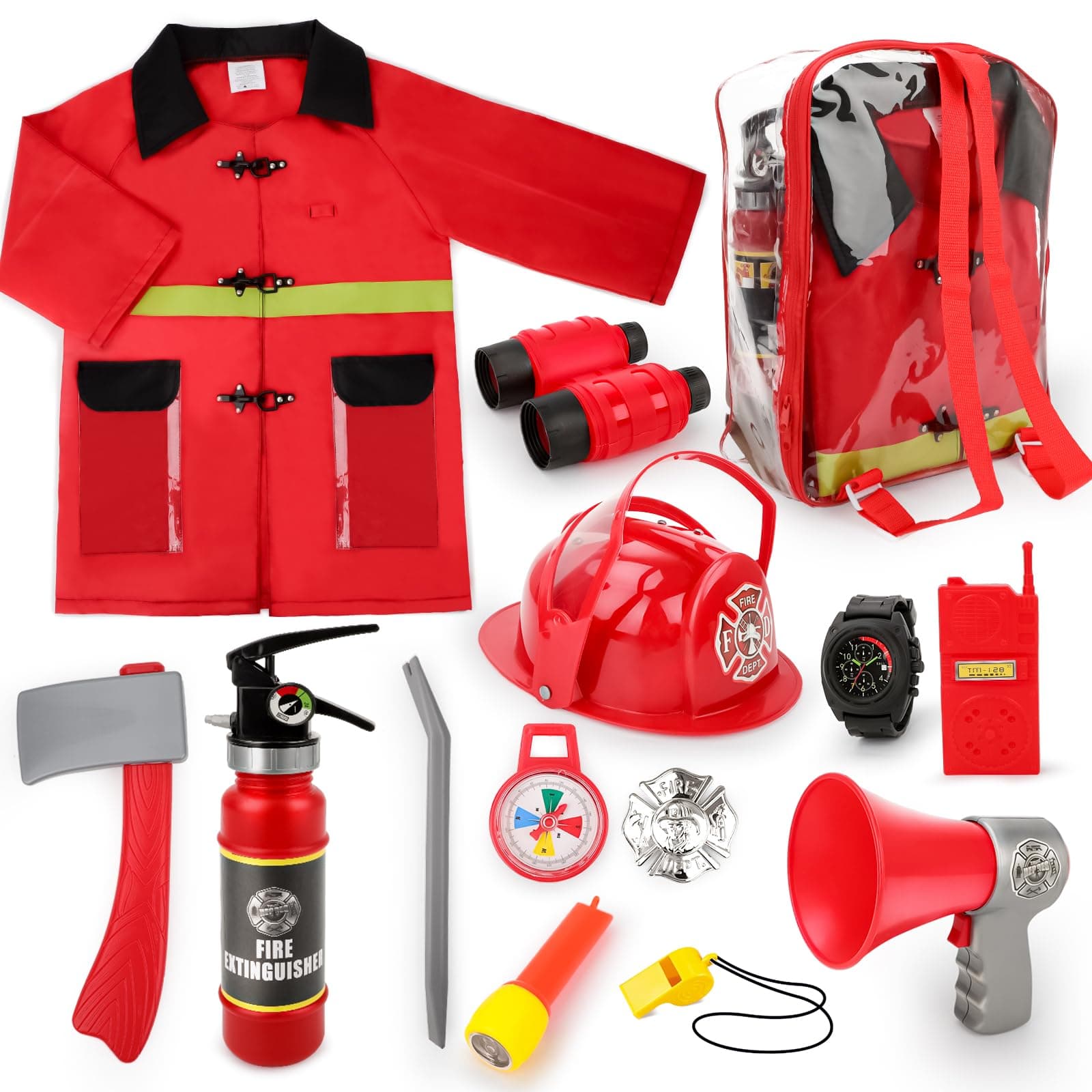 deAO Kids Fireman Costume Set with 13 Firefighter Toy Accessories, Firefighter Role Play Dress Up Outfit for Boys & Girls 3+ Years, Halloween Fancy Dress & Pretend Play Toys for Toddlers