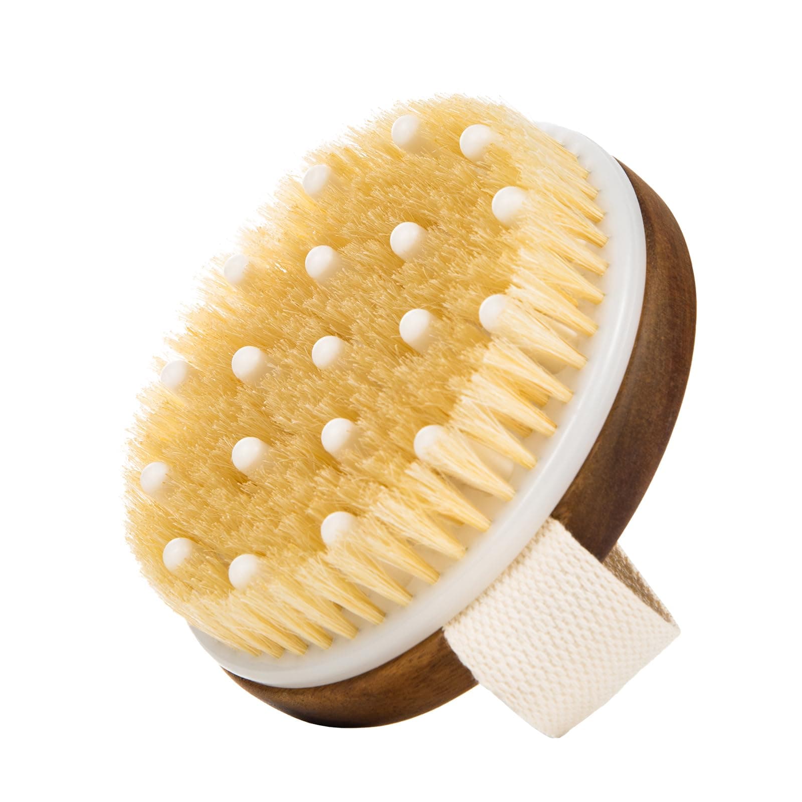 Dry Body Brush with Acacia Wood handle Boar Bristles and Silicone Nodules for Cellulite Removal,Flawless Skin and Lymphatic Drainage (Round)