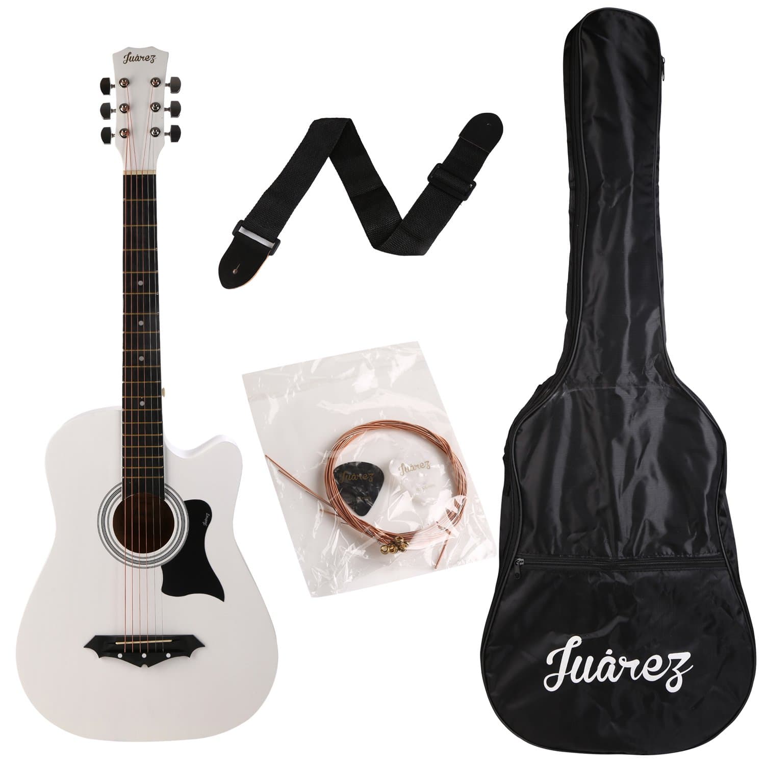 Juârez JRZ38C/WH 6 Strings Acoustic Guitar 38 Inch Cutaway, Right Handed, White with Bag, Strings, Picks and Strap White