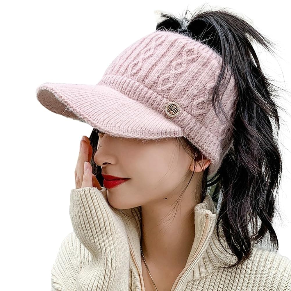EpsionKnit Beanie Hat for Women High Bun Ponytail Skull Cap Stretch Winter Chunky Warm Visor Brim Crochet Hats