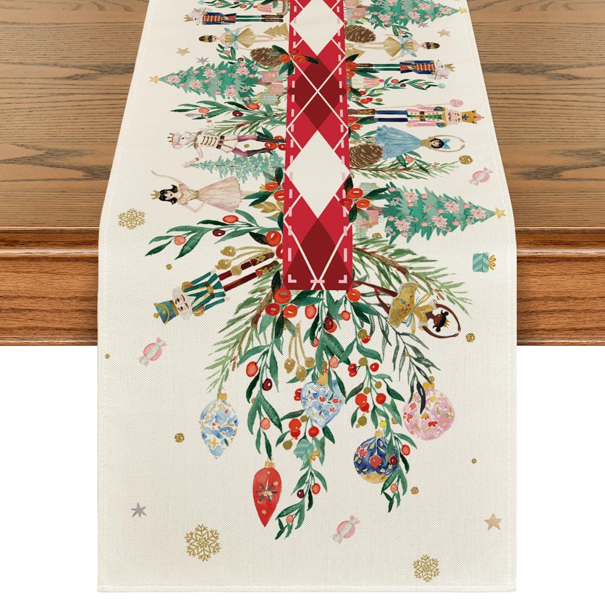 Artoid Mode Red Nutcracker Floral Holly Christmas Table Runner, Seasonal Winter Kitchen Dining Table Decoration for Home Party Decor 13x72 Inch