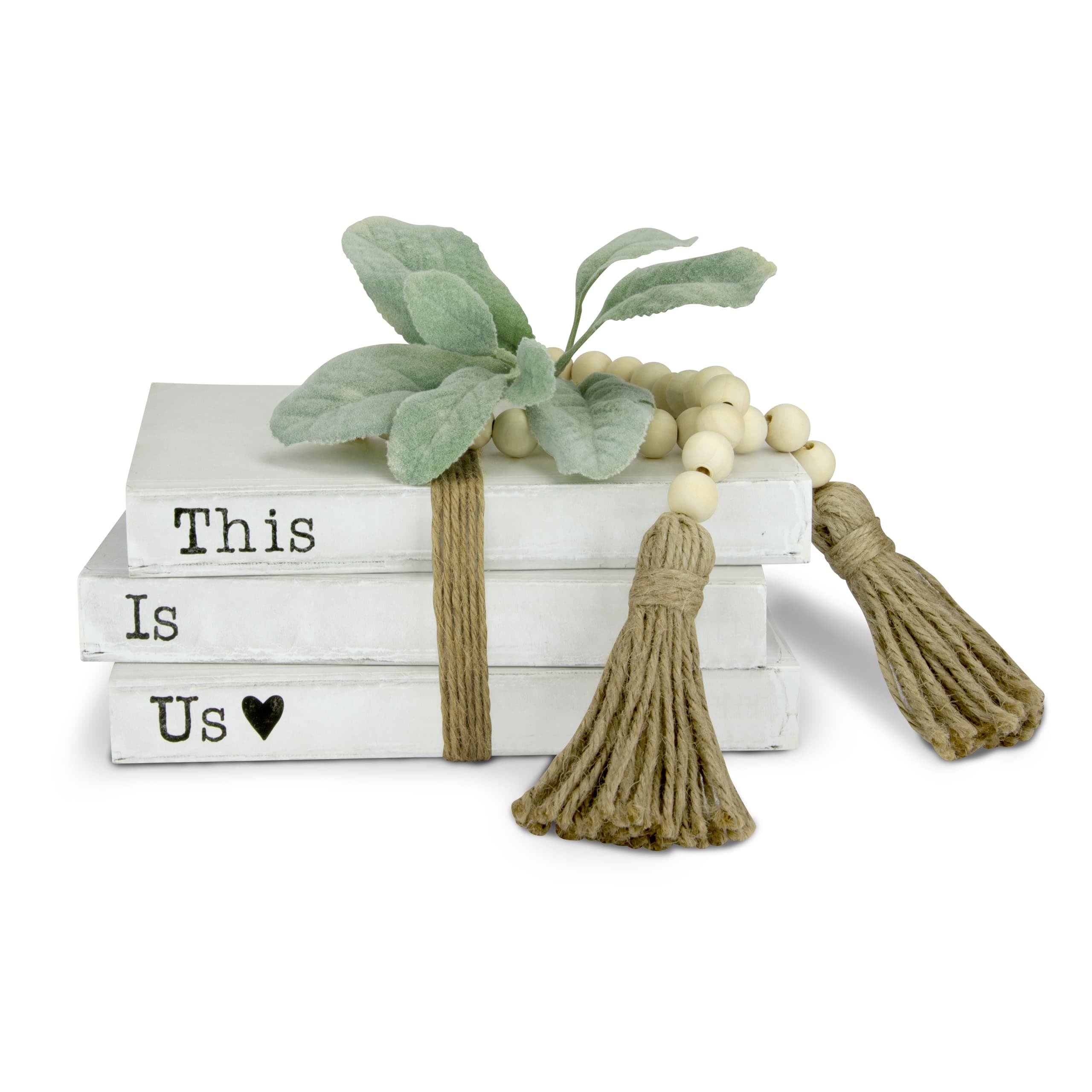 TenXVI Designs Decorative White Books, Set of 3 - This is Us Stacked Books - Rustic Farmhouse Accent Decor, Entryway Shelf, Mantel and Bedroom Night Stands with Bead/Flower Bundle