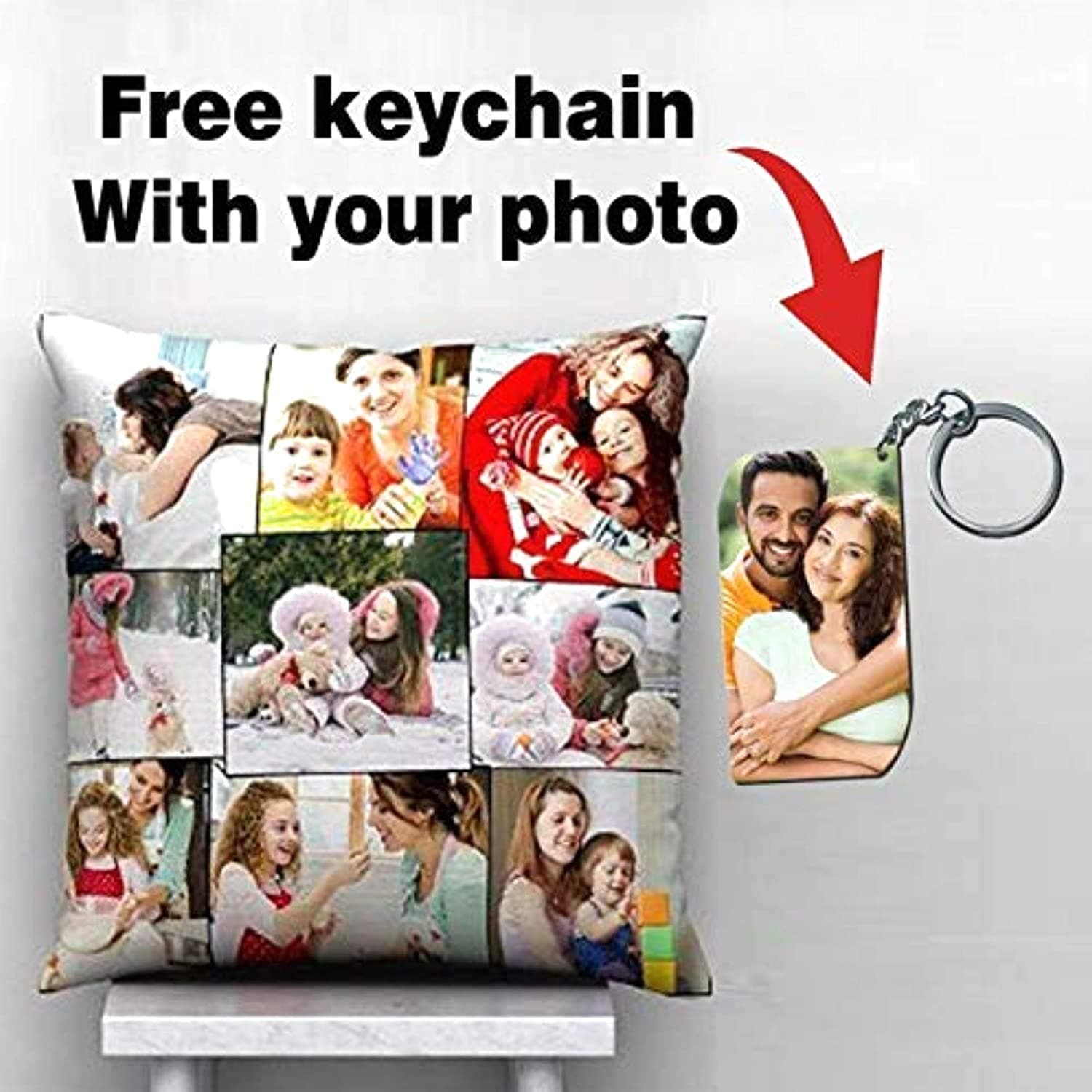 Print Cotton Personalized 9 Photo Printed Satin Blend Decorative Pillow Cushion Cover with Filler (White, 12X12 Inch)