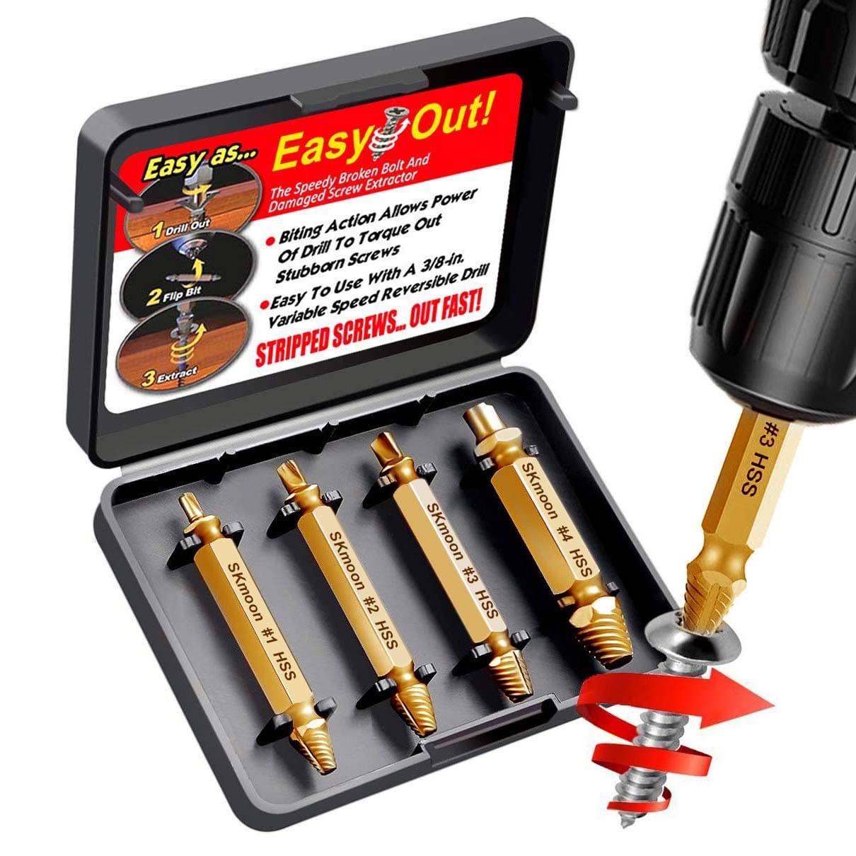 Damaged Screw Remover and Extractor Set by SKmoon,Easily Remove Stripped or Damaged Screws. Made from H.S.S. 4341#, The Hardness is 62-63hrc,Set of 4 Stripped Screw Removers (Gold)