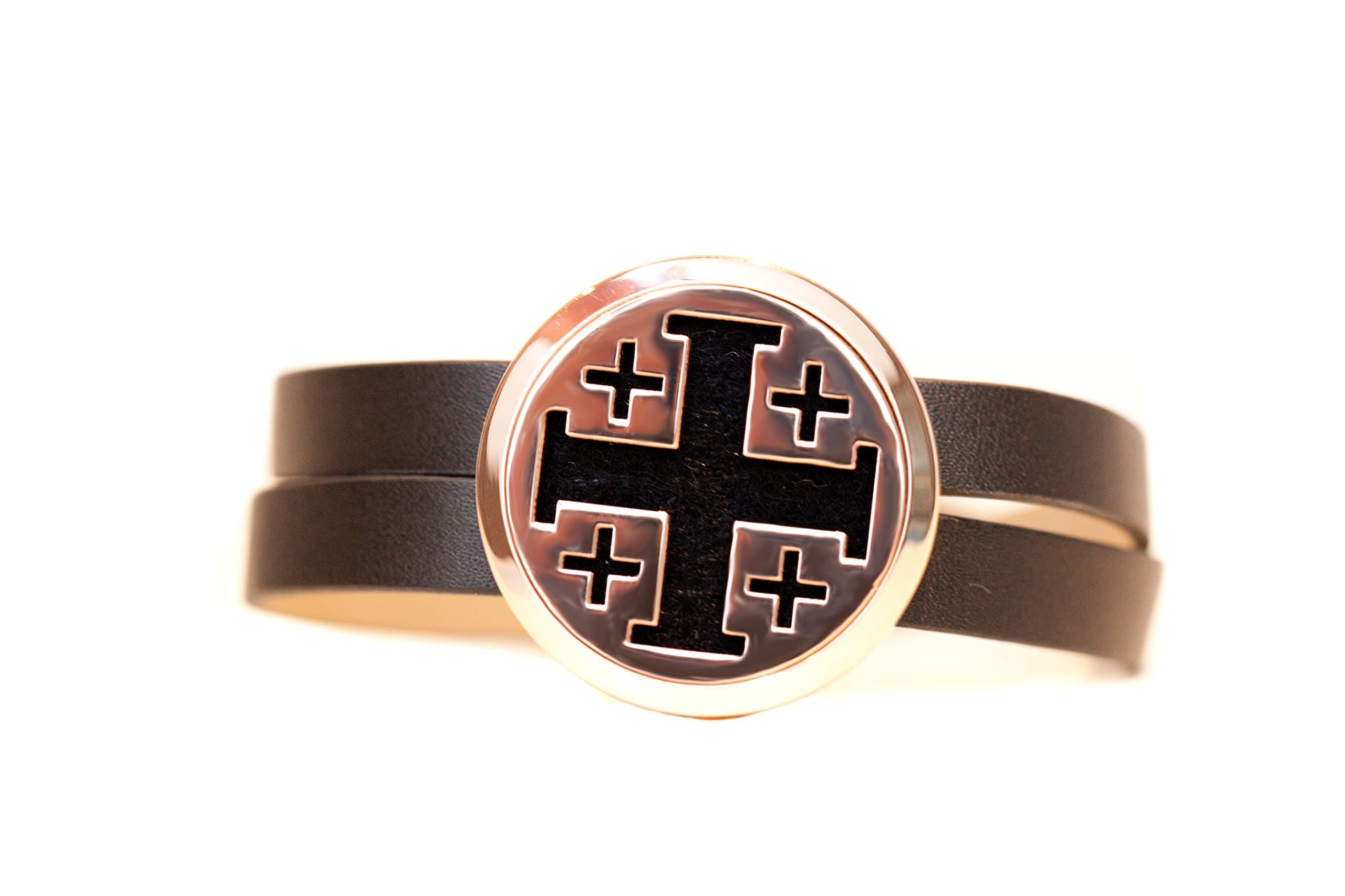 Rose Gold Essential Oils Diffuser Wrap Bracelet (Stainless Steel) (Brown Leather - Cross)