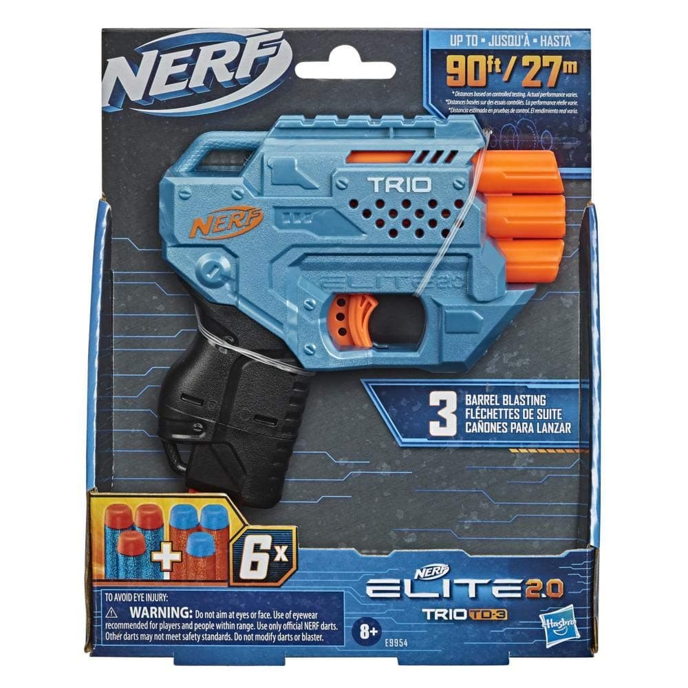 Elite 2.0 Trio SD-3 Blaster, 6 Official Nerf Darts, 3-Barrel Blasting, Tactical Rail for Customizing Capability