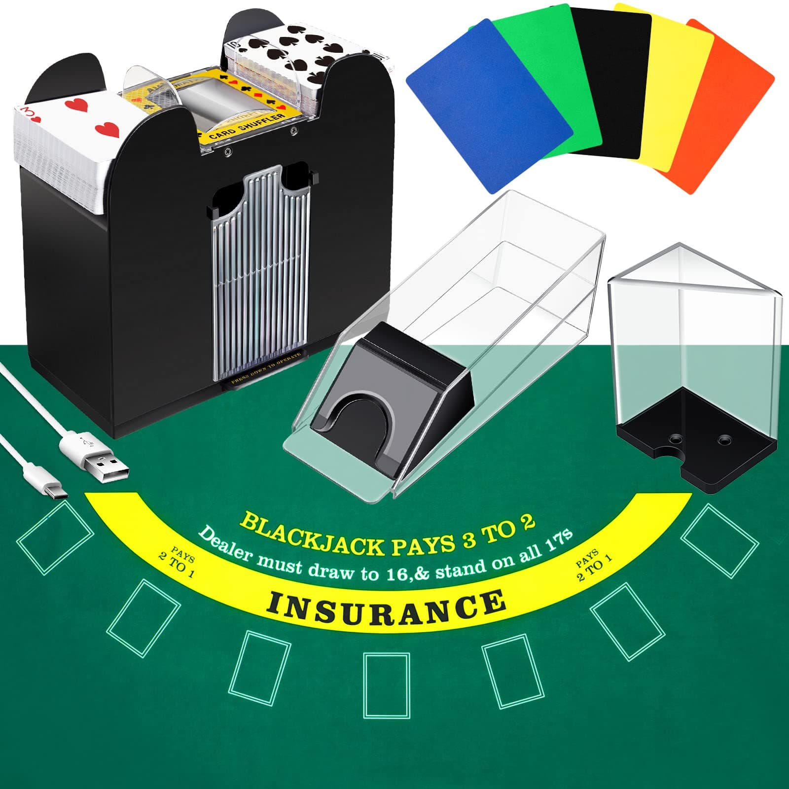 Aoriher Blackjack Game Combo Set, Include Blackjack Layout Felt,Shoe 6 Deck Automatic Card Shuffler Discard Holder Trays and 10 Cut Cards for Casino, Party Night(Green)