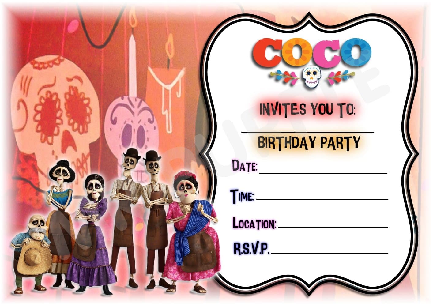 Disney Coco Birthday Party Invites - Landscape Frame Design Party Decorations / Accessories (Pack of 12 A5 Invitations) (WITH Envelopes)