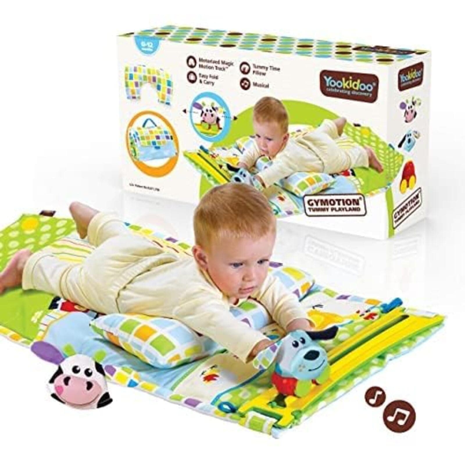 Baby Tummy Time Mat Newborn Musical Playmat & Outdoor Gym. Pillow, Teething Toys and Portable Fold-Up Case. 0-12 months.