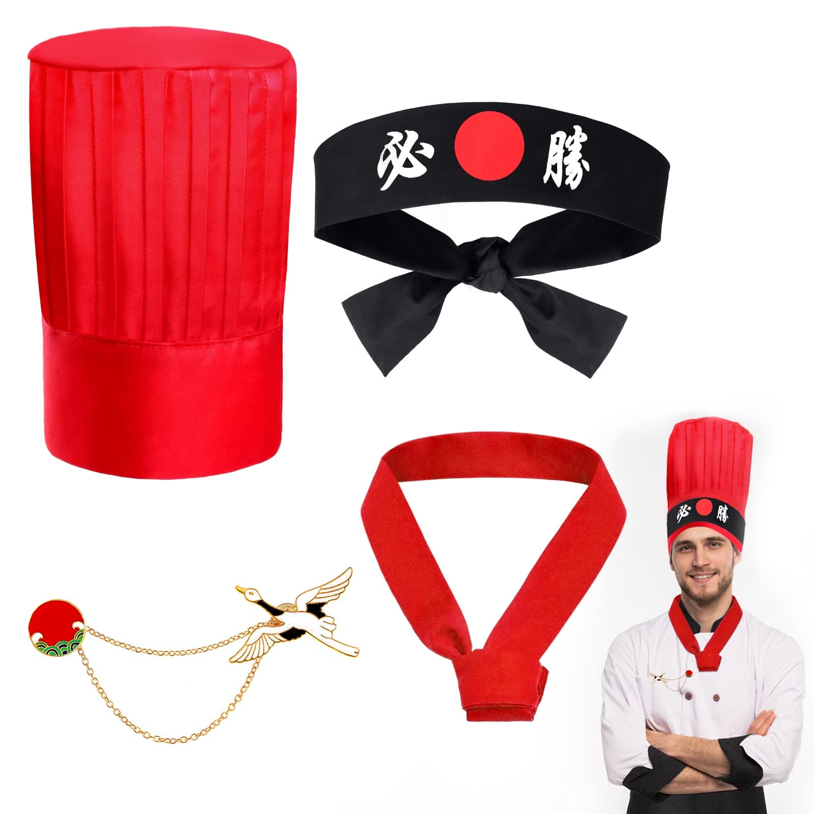 Hibachi Chef Hat and Costume Accessories - Japanese Teppanyaki Tall Cap and Hachimaki Headband for Halloween Dress Up