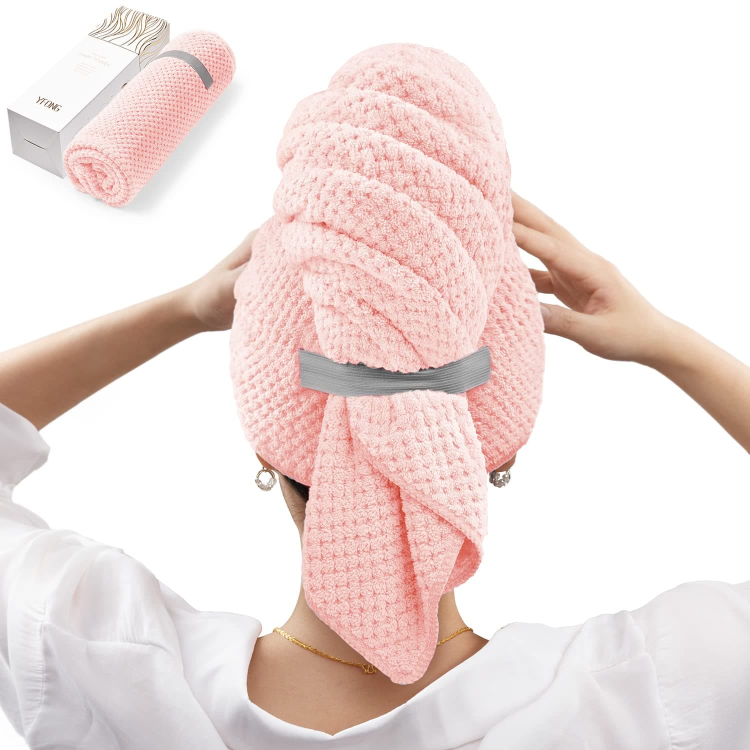 YFONG Large Hair Towel Wrap for Women, Super Absorbent Microfiber Hair Towel for Curly Hair, Fast Drying Hair Turbans with Elastic,Hair Drying Towel Wrap for Hair Care 26.3" X 40" (Pink)