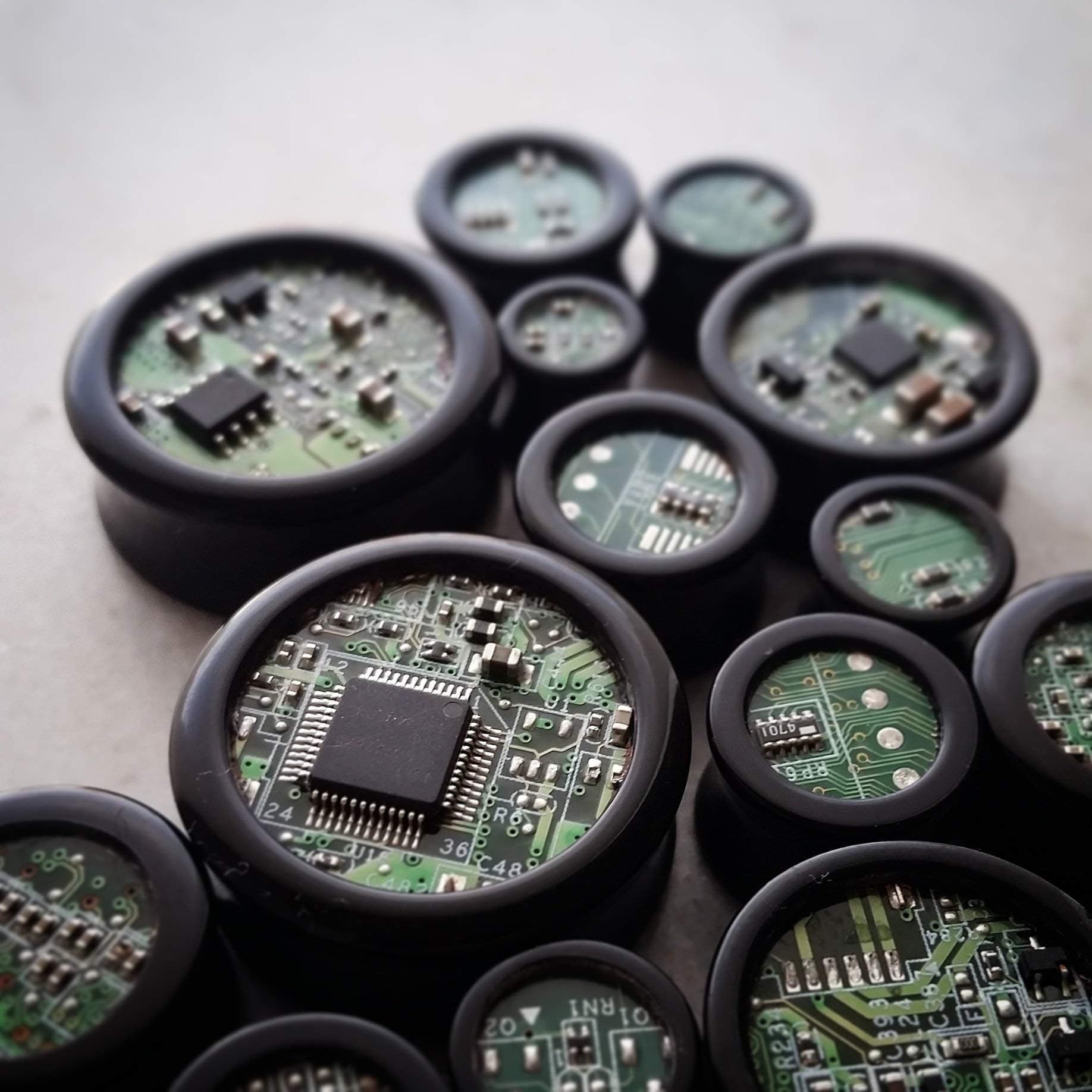 Green Cyber Punk style Micro Chip Flesh Tunnels/Plugs ** Sizes 12mm / 25mm **