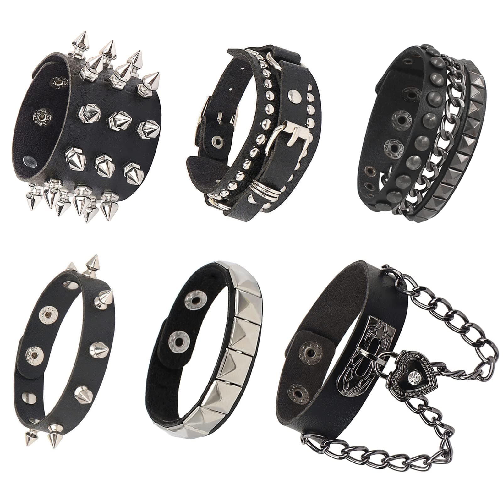 Dumcondy6Pcs Halloween PU Leather Bracelet Punk Goth Studded Spike Rivet Buckle Wristband Cuff Bangle Black Gothic Steampunk for Men Women Unisex 80s Cool Rock Style Adjustable Party Favors