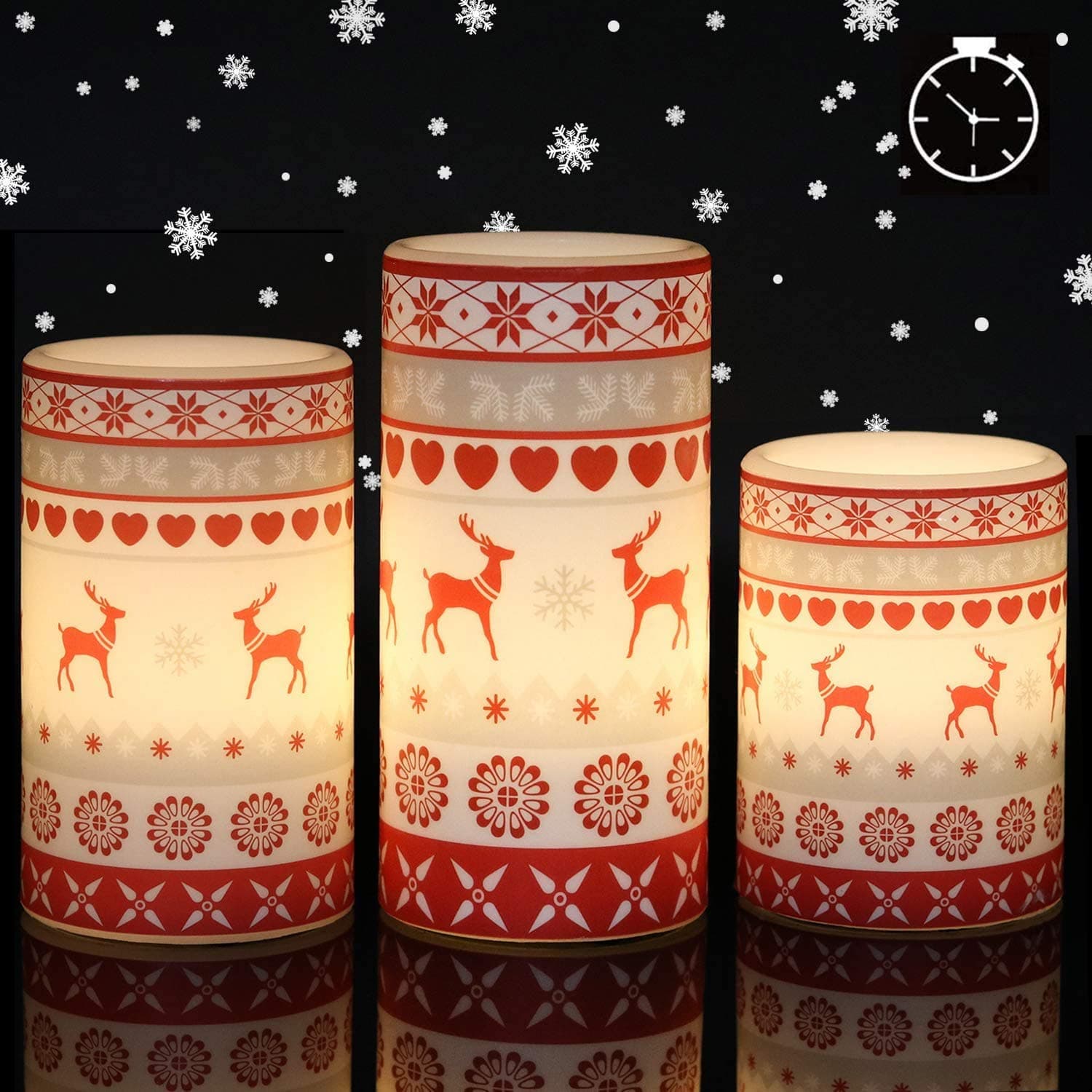 GenSwin Deer Flameless Candles Flickering Battery Operated with 6 Hours Timer, Real Wax Pillar LED Candles Warm Light Love Deer Decal Decor Gift(Pack of 3)