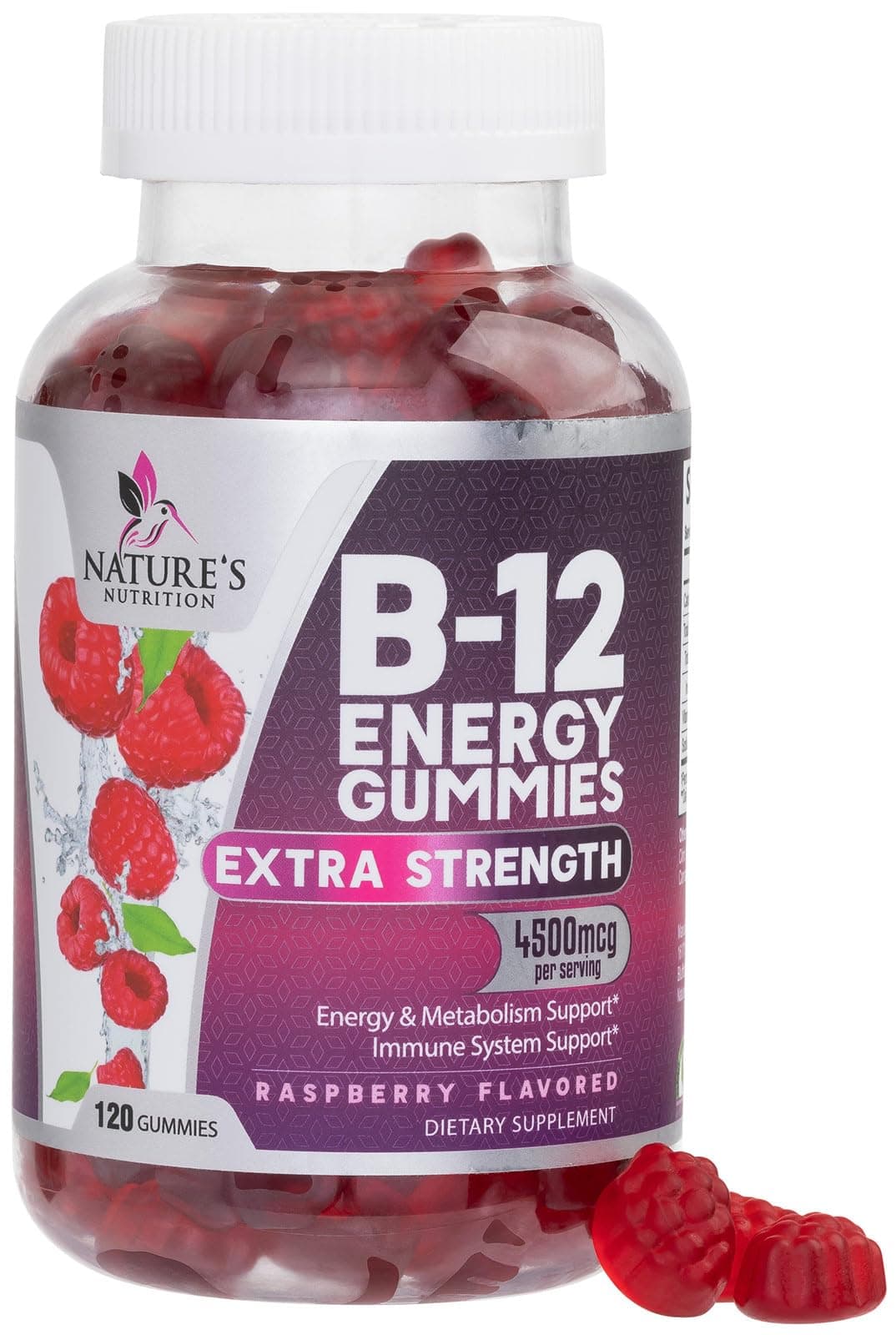 B12 Energy Gummies - 4500 mcg Per Serving Extra Strength Vitamin B12 Chewables - Dietary Supplement for Energy Metabolism & Immune Support - For Women, Men, & Kids - Natural, Berry Flavor - 120 Count