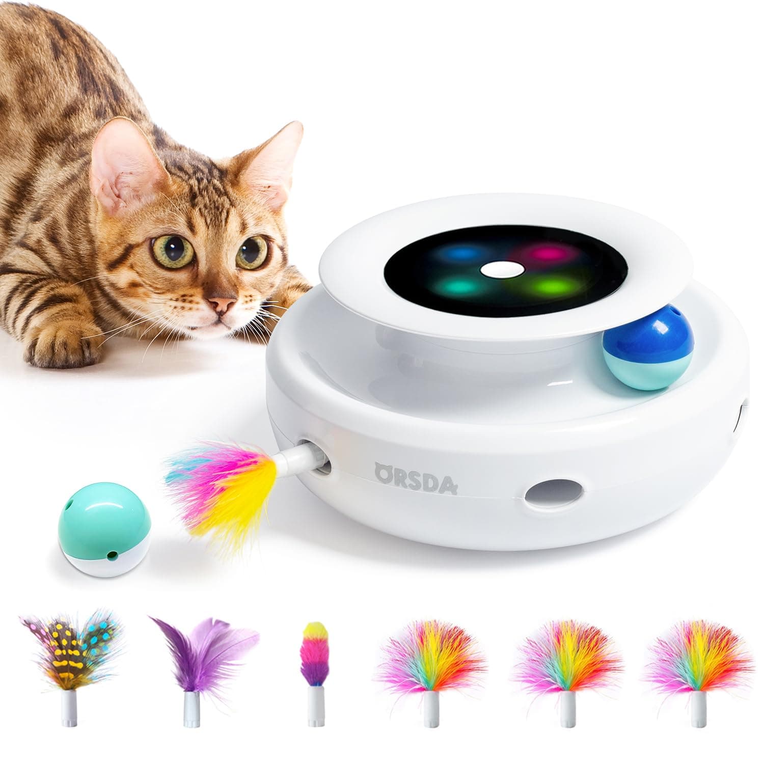 2in1 Interactive Toys for Indoor Cats, Timer Auto On/Off, Cat Toy Balls & Ambush Electronic Cat Mice Toy for Entertainment with 6pcs Feathers, Dual Power Supplies