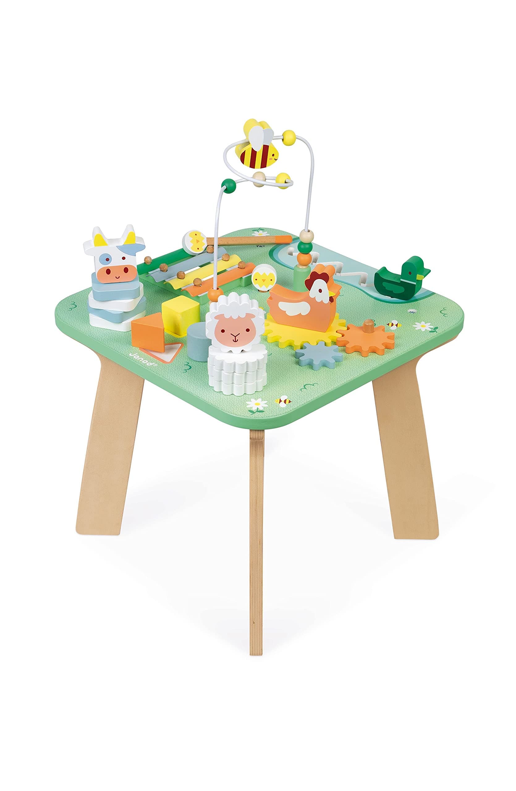 Janod - Jolie Prairie Activity Table - 7 Babyhood Activities - Multi-Game Wooden Table, Farm Theme - Development and Musical Awakening - Water Based Paint - from 1 Year Old, J05327,White,Medium