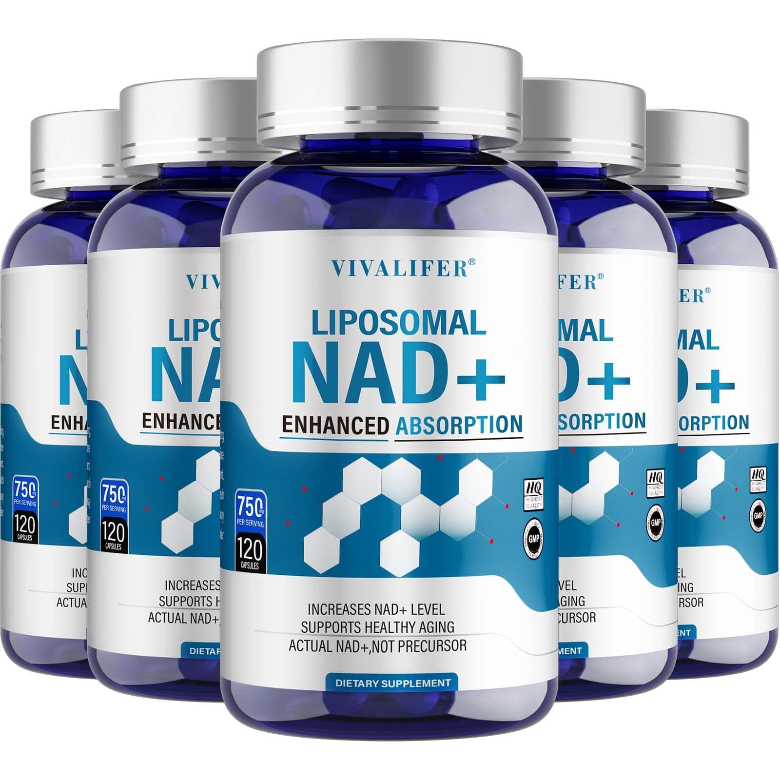 Upgrade Liposomal NAD+ Supplement, NAD+ 500mg with TMG 250 mg for Ultra Purity High Absorption, Promotes Anti-Aging, Skin Health and Promotes Immune - 5PACK Total 600 Capsules