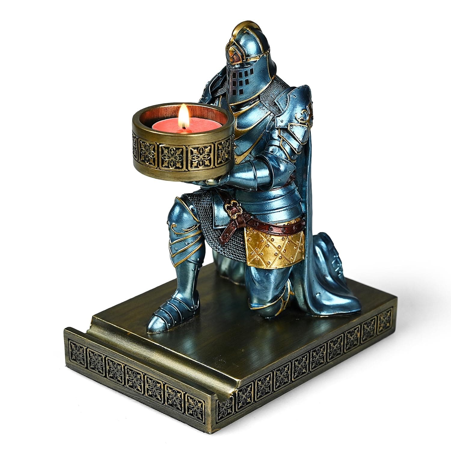 King's Guard Kneeling Knight Candlestick Holders Resin Posture TeaLight Holder Warrior Mobile Phone Stand Pen Holder Candle Holder for Restaurant, Altar, Home Table(Blue)