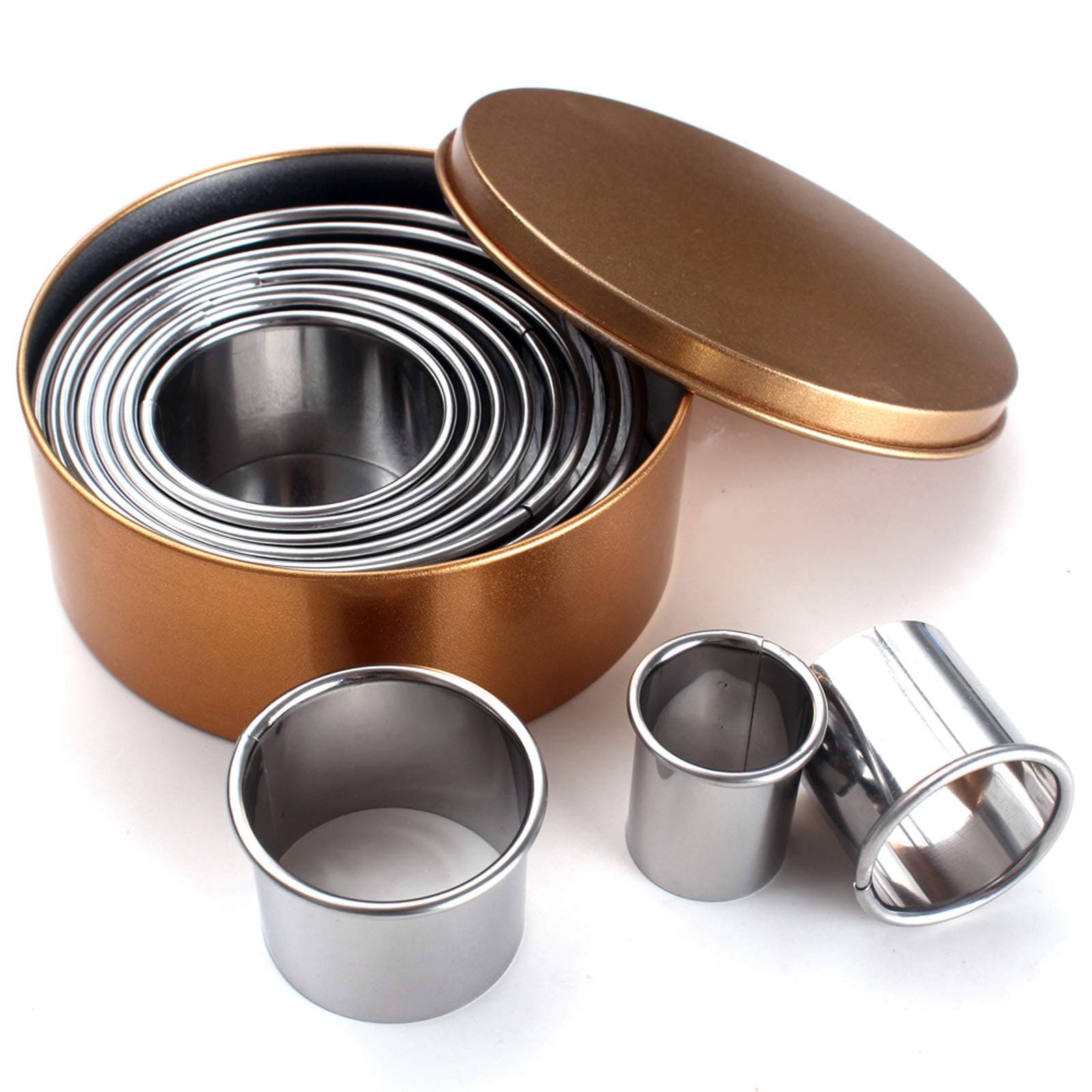 Round Stainless Steel Cookie Biscuit Cutters Set in Storage Tin, Assorted Sizes, 11 Pieces