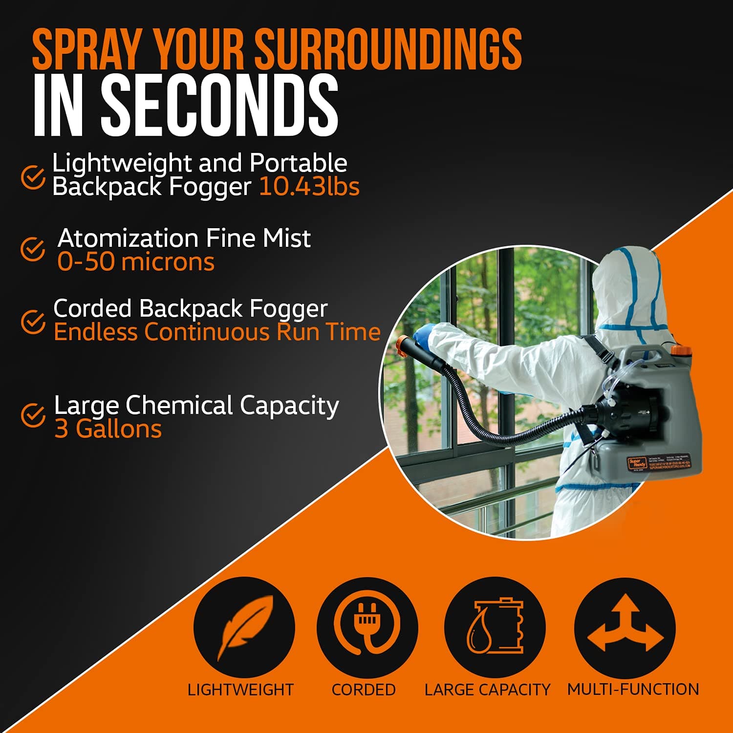 SuperHandy Fogger Machine Disinfectant Corded Backpack Mist Duster ULV Sprayer 3GAL 1-15GPH Mist Blower Adjustable Particle Size 0-50um/Mm with Extended Commercial Hose and Spray Nozzle