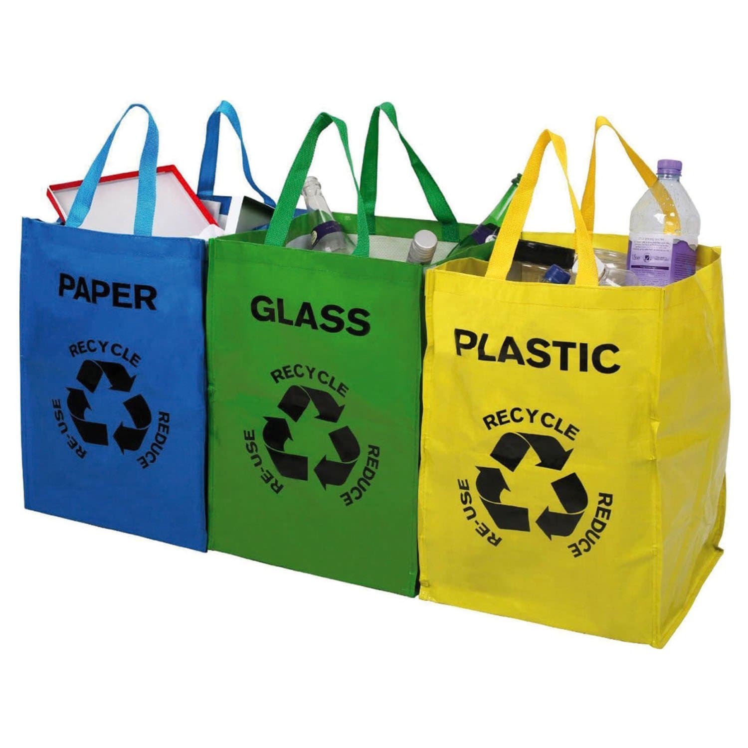 Recycling Bags – Set of 3 Heavy Duty Colour Coded Reusable Paper Plastic Glass Household Recycle Waste Bin Sack Sorting with Strong Handles and Secure Attachments for Home Office Work Garden